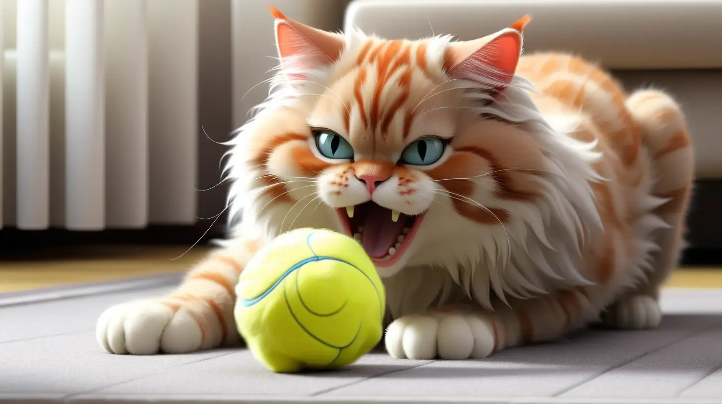 Кошка играет с пушистым мячиком