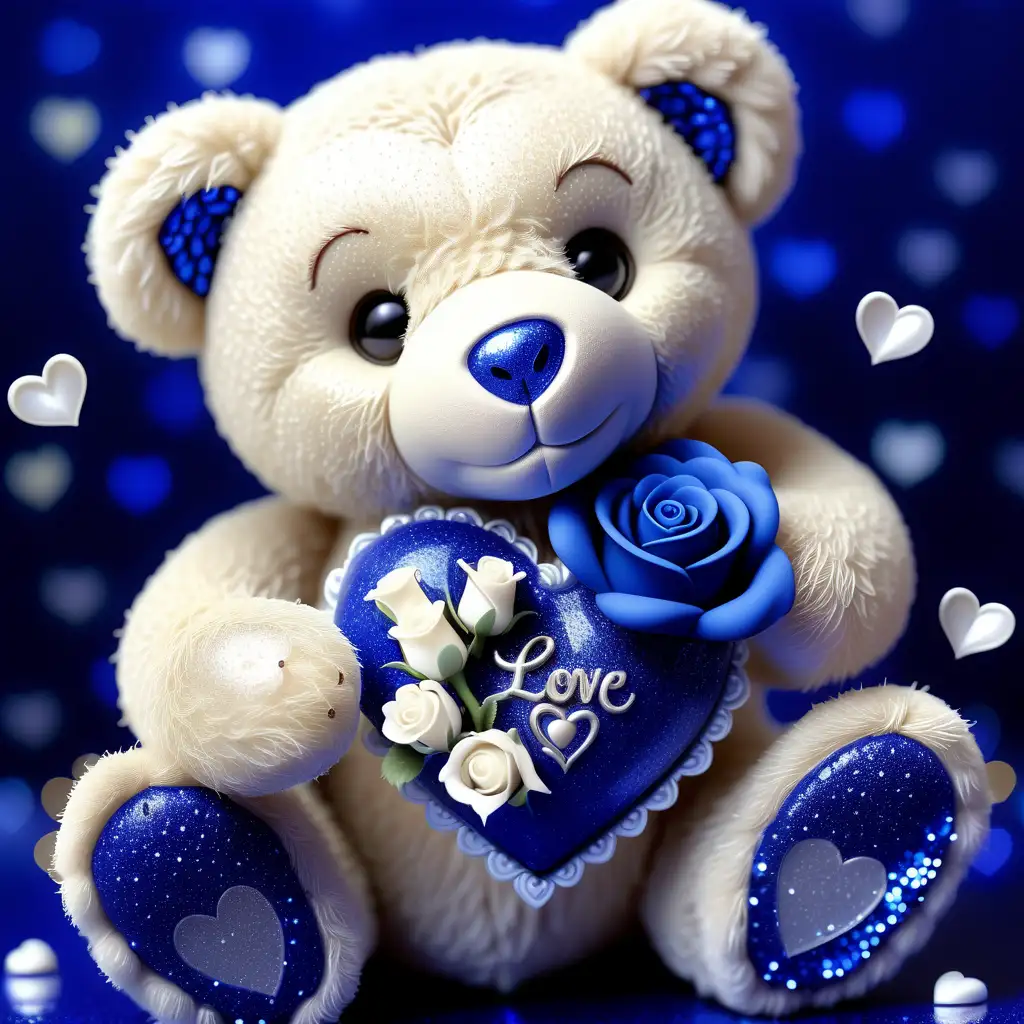 teddy bear holding a glowing glittery valentine heart, bi-colored white and royal blue roses, in a royal blue and white colorsplash background, glitter, glowing, filigree, spraklecore, pearlescents, high definition, soft lens, shimmering effects, 2024 on the bear foot
