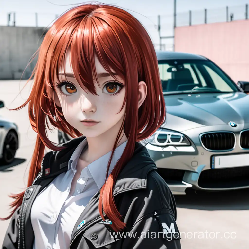 Аниме девушка с красными волосами и карими глазами стоит на фоне BMW M5