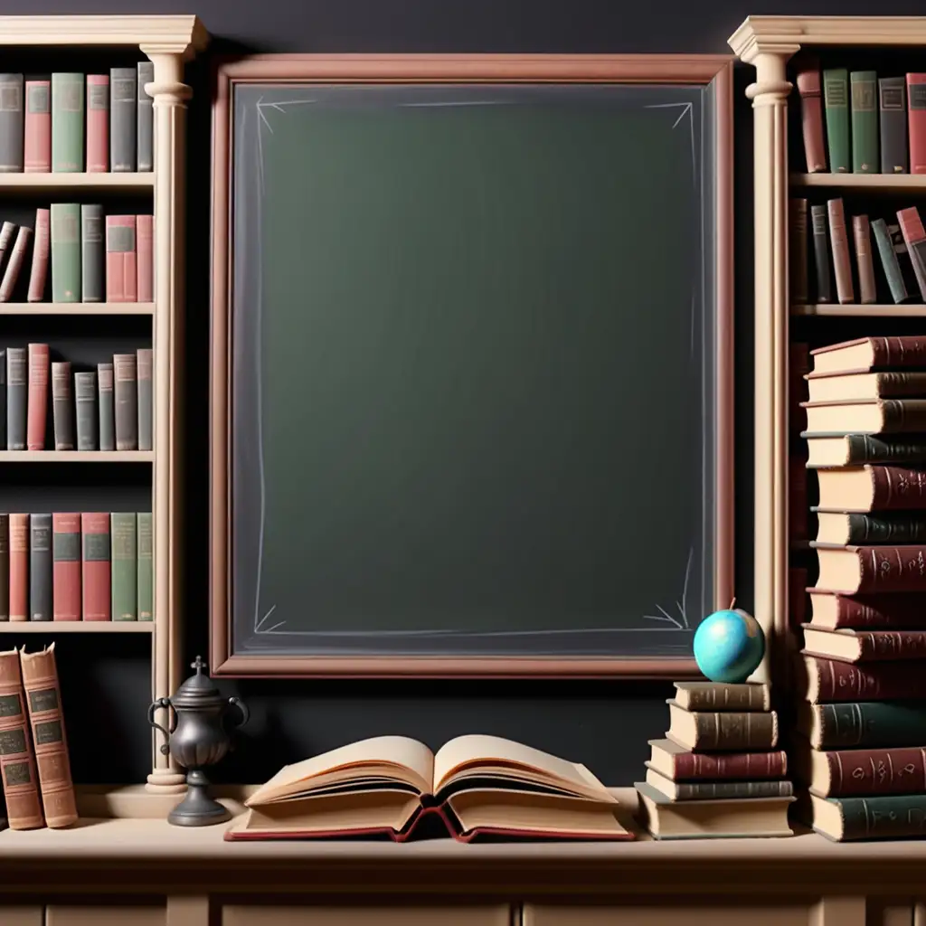 Create a classic literature background image for a YouTube channel with books on a bookshelf and a chalkboard on the right