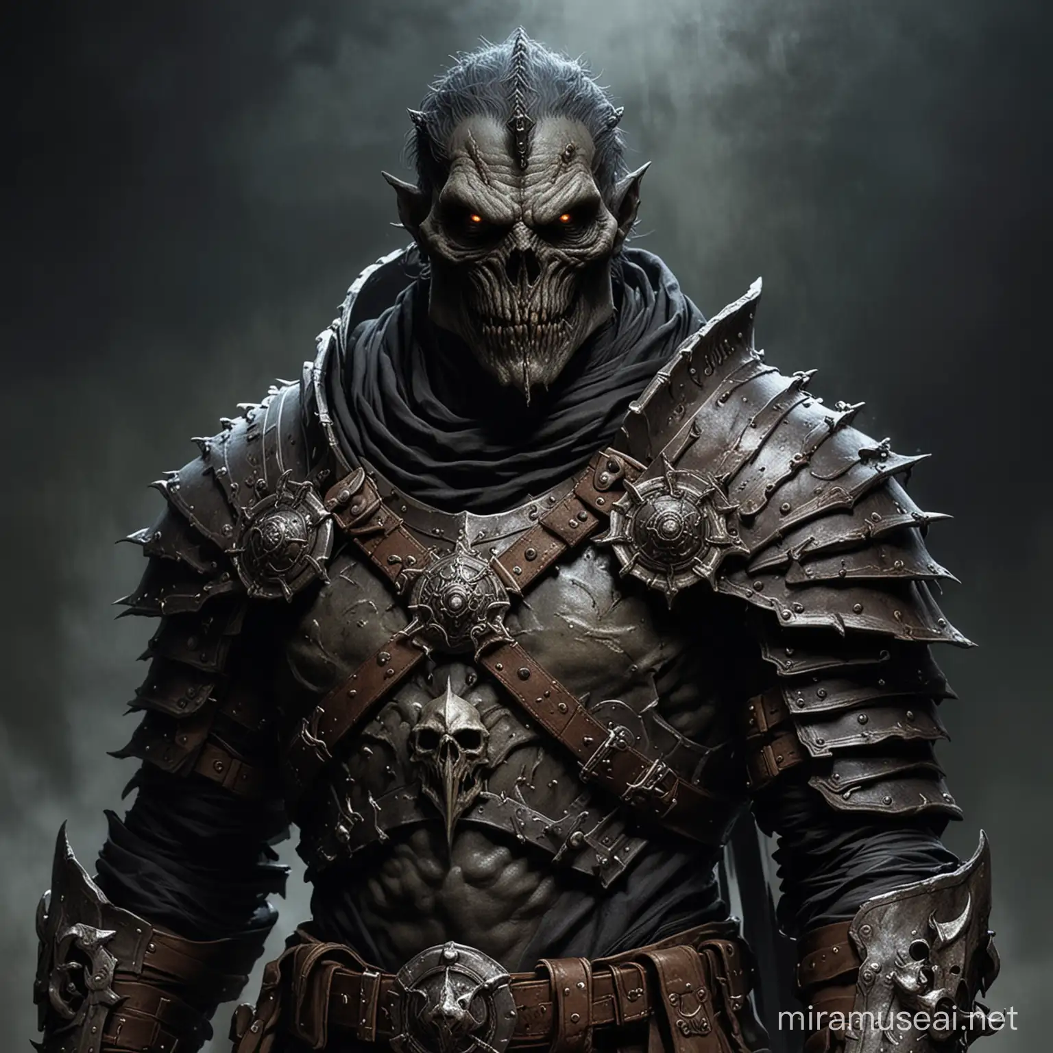 Detailed body shot Monster. In the style of Gerald Brom. Wearing standard medieval infantry gear. Fantasy painting. Creepy. Dark. Brooding. Ominous. 