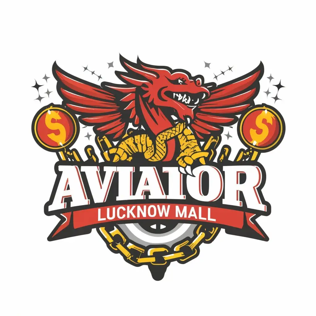a logo design,with the text "AVIATOR LUCKNOW MALL", main symbol:DRAGON, MAONEY CHAIN, COINS, READ, LAKH,complex,clear background