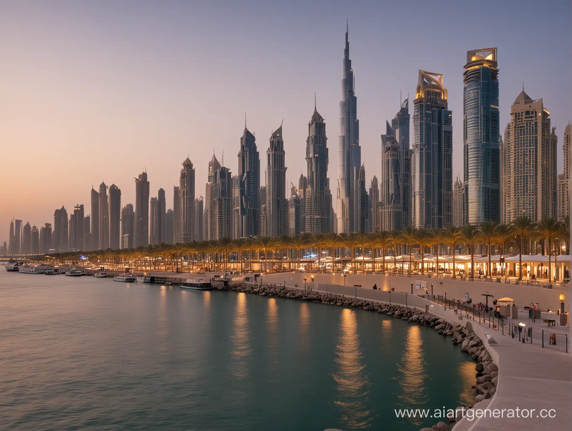 Dubai-Embankment-at-Sunset-with-Modern-Skyline