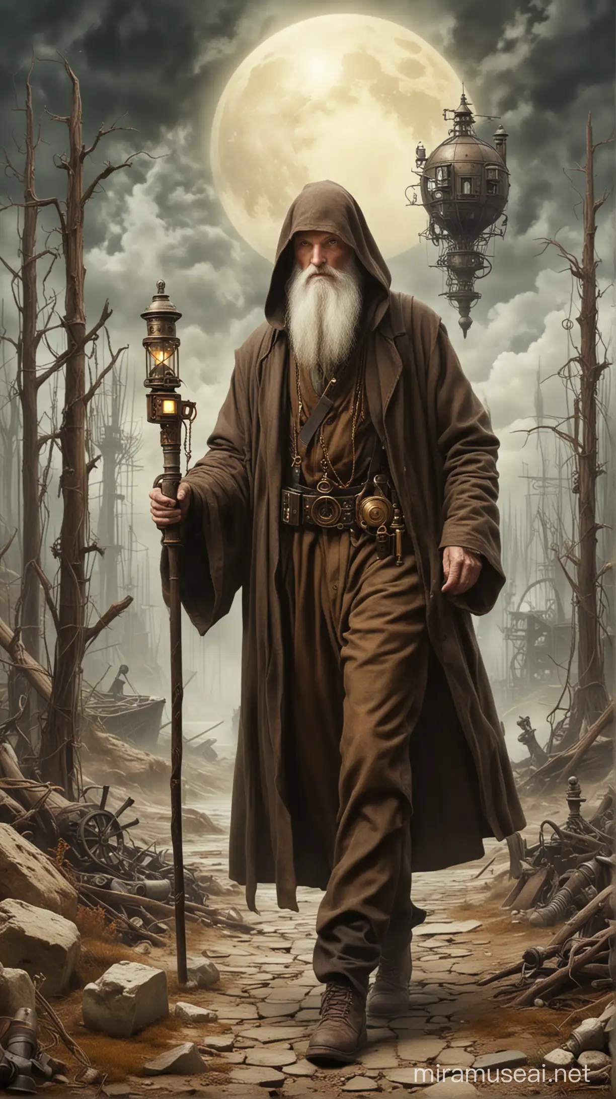 The hermit by tarot, walking on steampunk world 