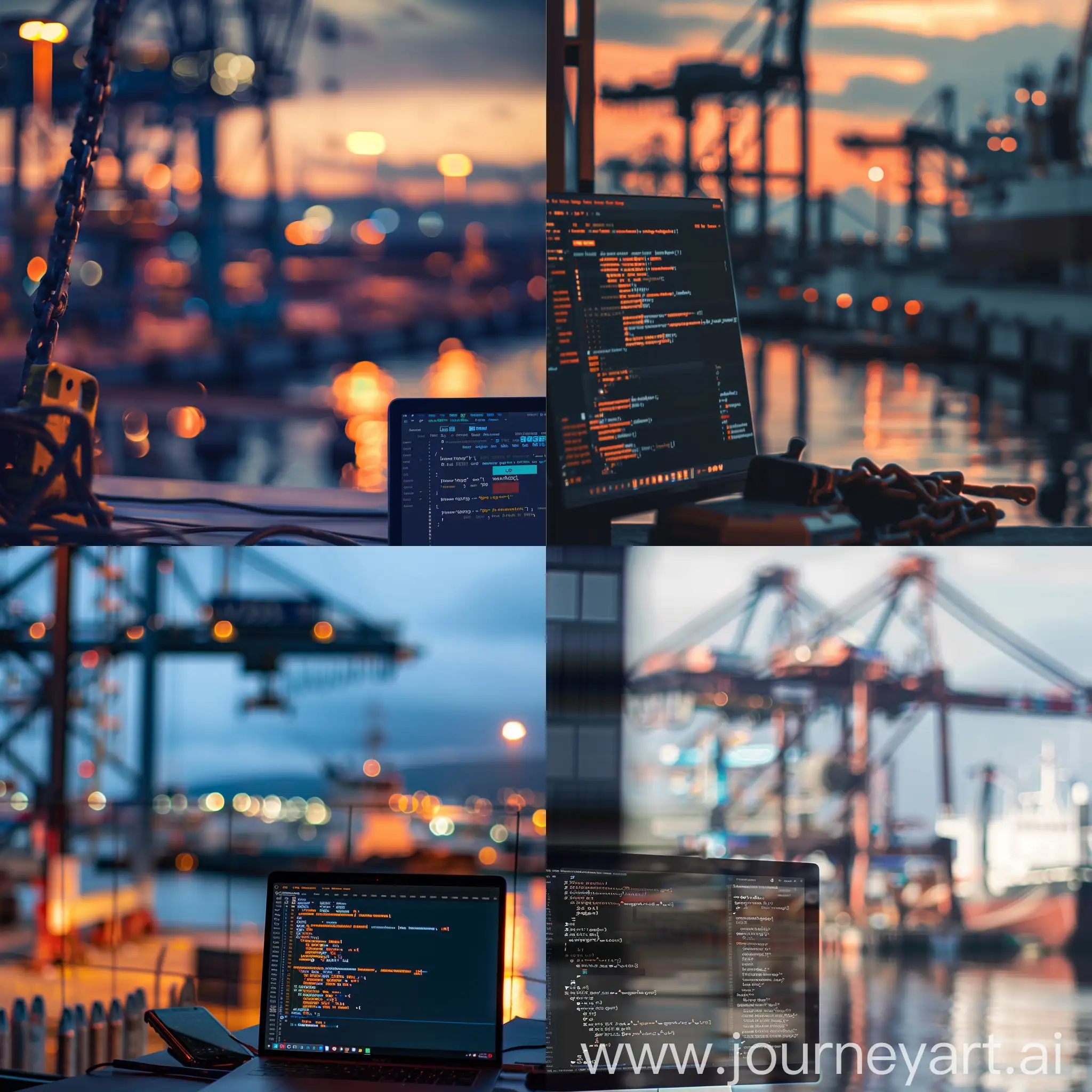 create a backdrop image that can be used in linkedin of a programming screen, at a marine dock terminal, with a vs code screen up blurred out