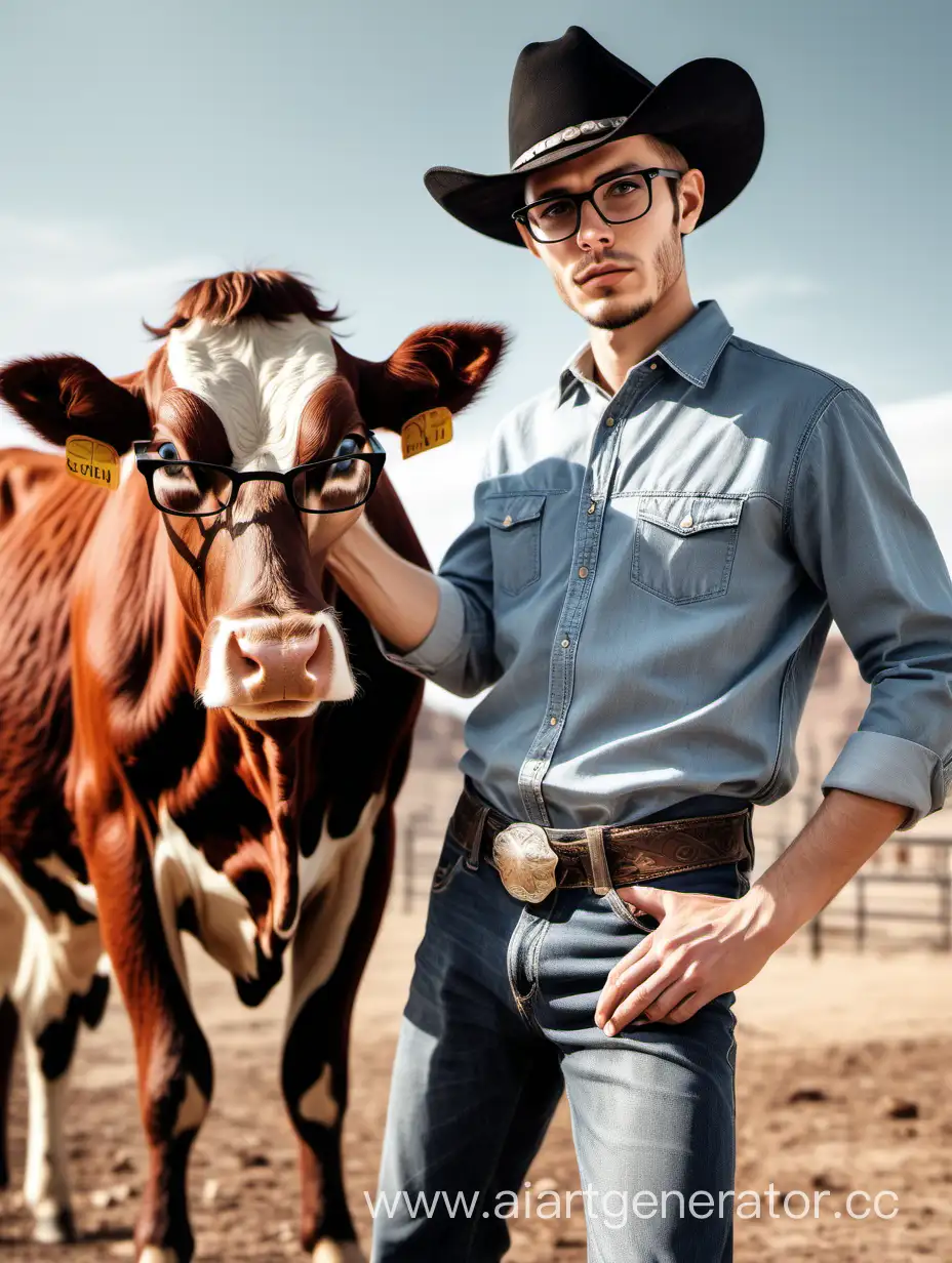 Slim cowboy in glasses with a hand cow