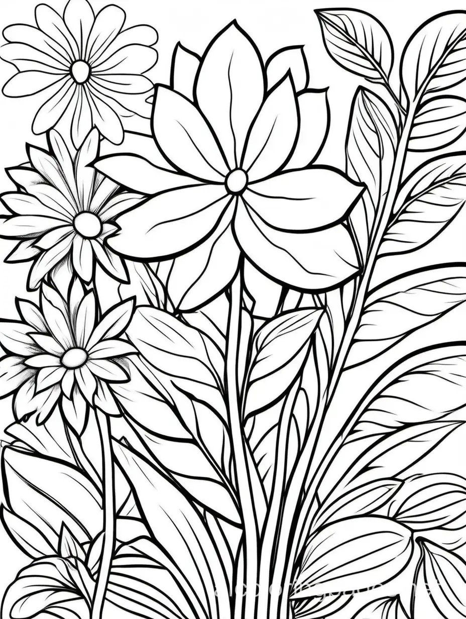 Flowers and leaves, Coloring Page, black and white, line art, white background, Simplicity, Ample White Space. The background of the coloring page is plain white to make it easy for young children to color within the lines. The outlines of all the subjects are easy to distinguish, making it simple for kids to color without too much difficulty