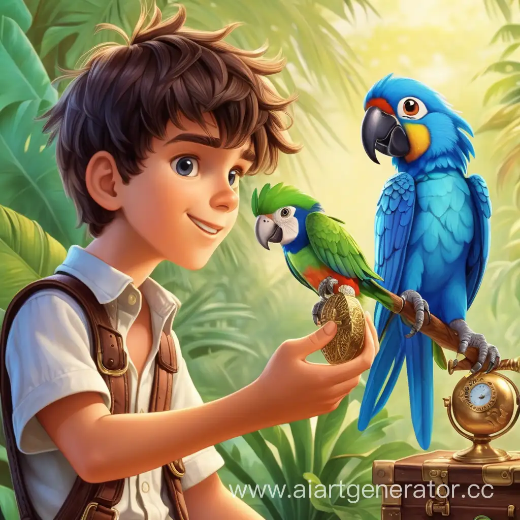 главный герой мальчик Тим со своим попугаем раскрывают полученный клад, который помогает реализовать мальчику все мечты
