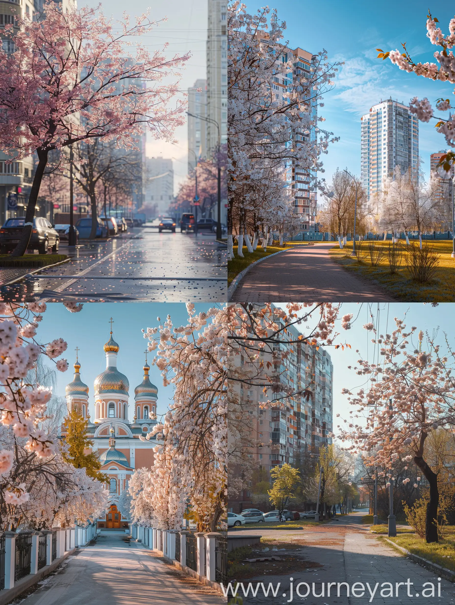 spring in modern russian city, use a high-resolution 32k camera with a raw style, and a quality setting of 2 to capture this timeless scene. 
