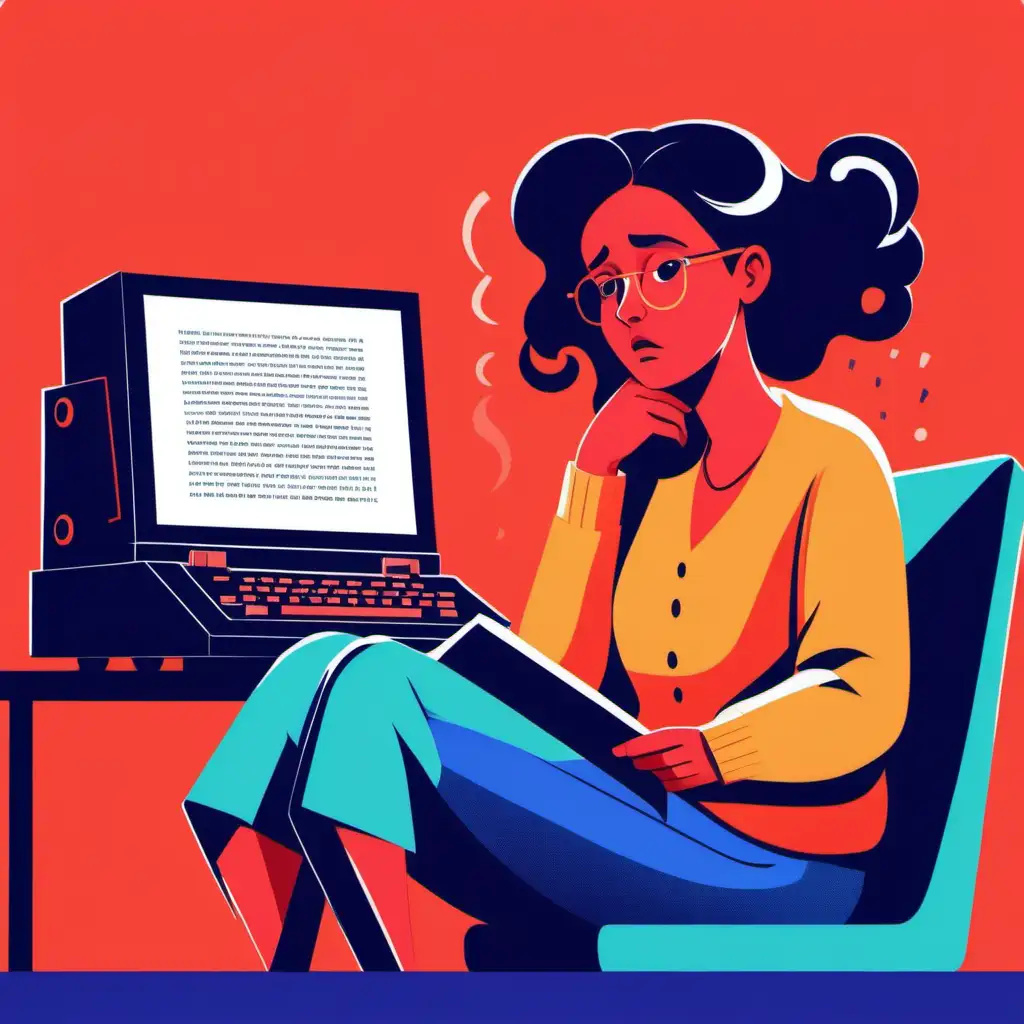 writer sits at a typewriter. she's looking at a big TV screen that has a picture of large book on the screen. she looks tired. there are question marks around her. flat illustration style. bold colors.