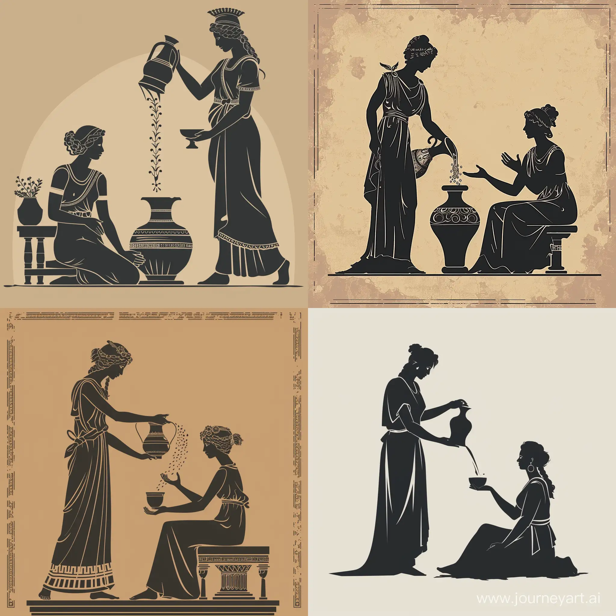 a 2d drawing of a standing woman pouring water from an amphora vase into the hands of another sitting woman. the design should be inspired by ancient greece