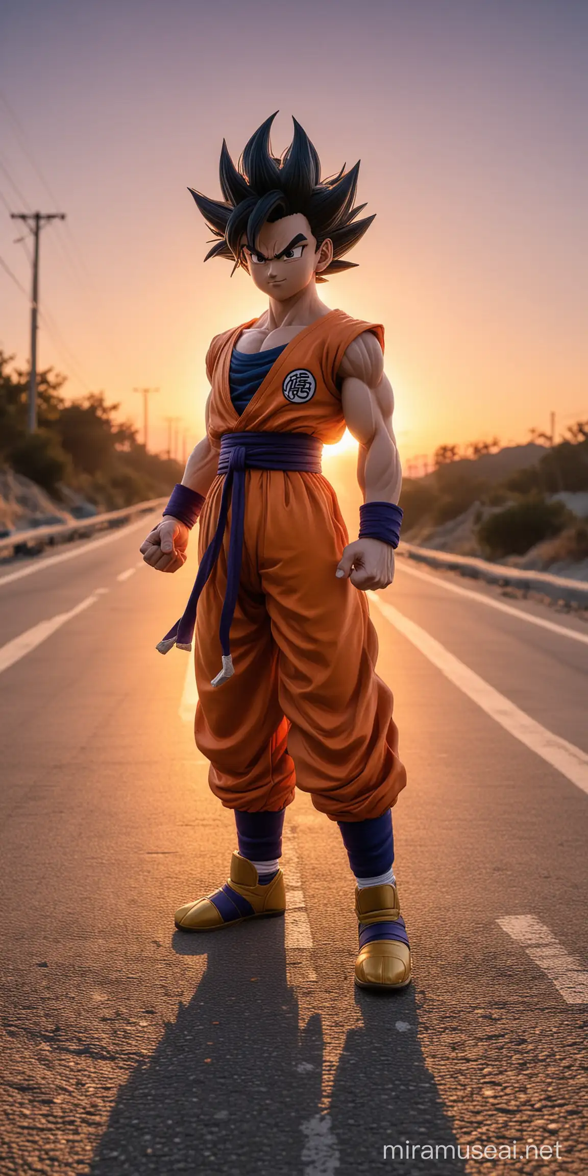 Gohan dragon ballz stand on the road with clear sunset background