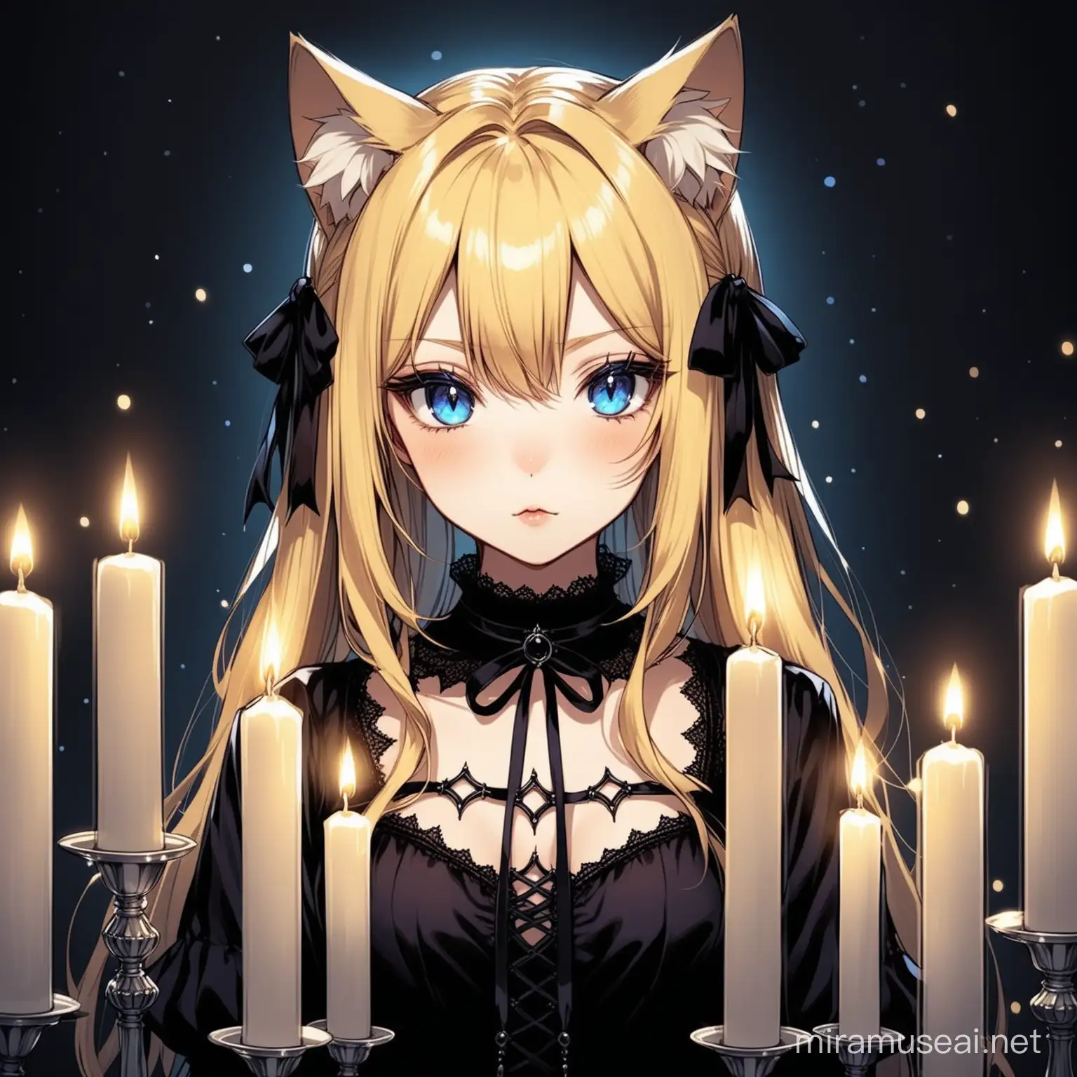 Gothic Blonde Woman with Dark Blue Eyes and Cat Ears Surrounded by Candles