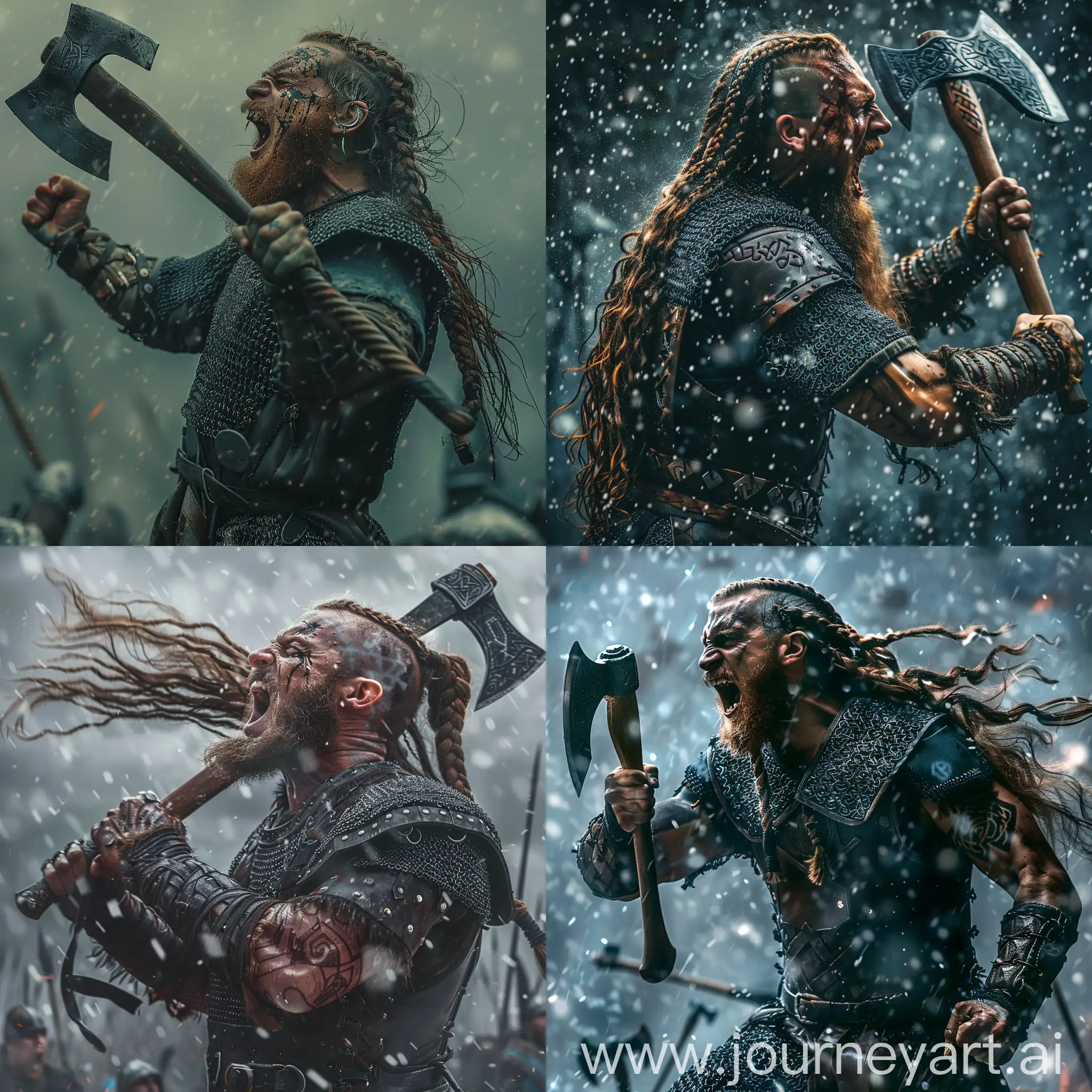Norse chieftain Erik the Red at battle field, he has dark ginger long hair with braids and long beard, yielding his axe and shouting, chainmail armor, snowy weather, cinematic lighting