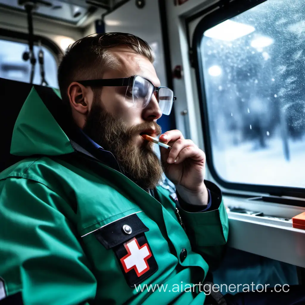 Молодой бородатый фельдшер скорой помощи сидит в машине скорой помощи, курит сигарету, снегопад, вечер, мешки под глазами, в прозрачных очках, 