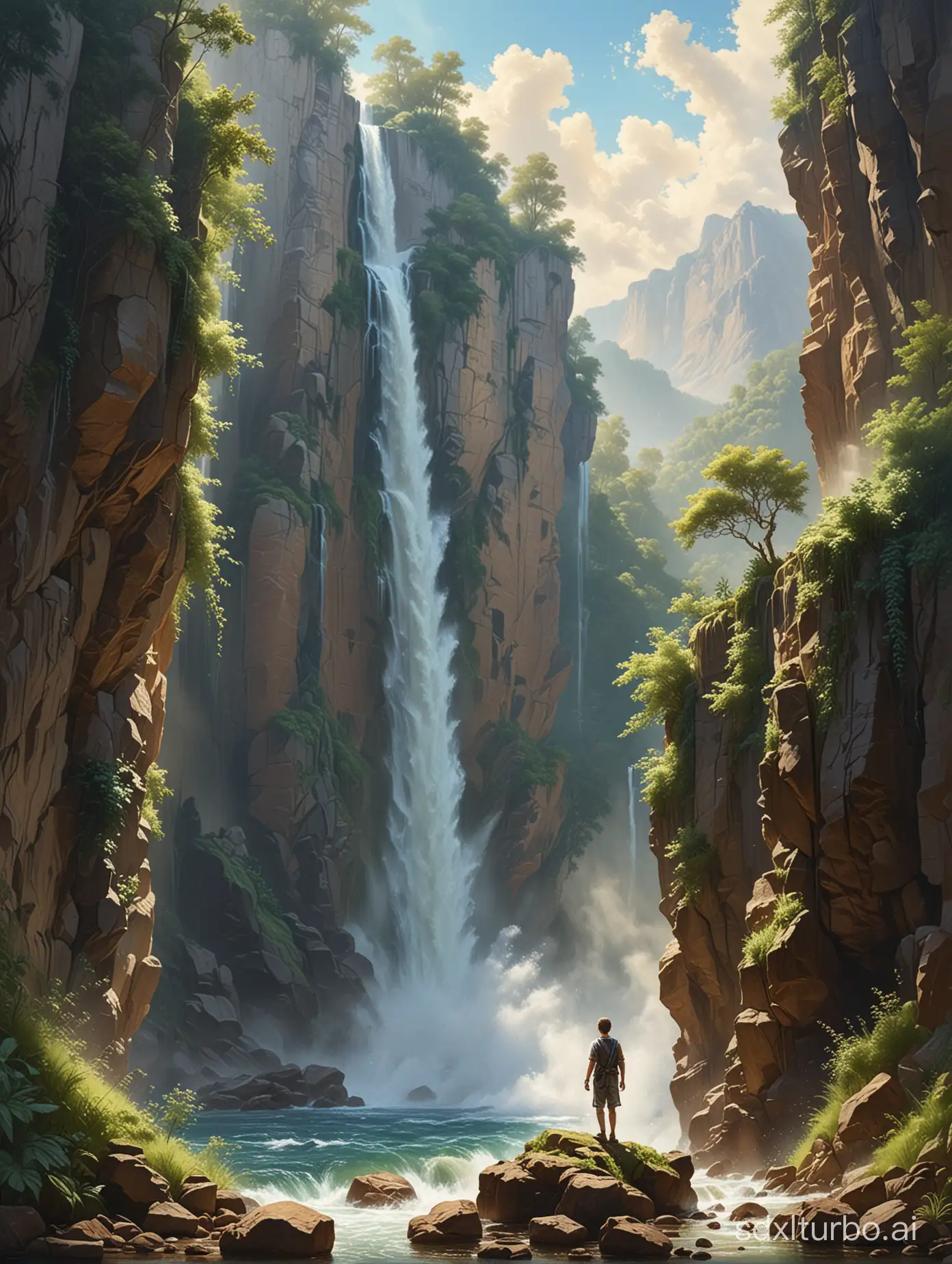 Ultrarealistic painting in the style of Carl Spitzweg.A breathtaking scene of a young boy standing on the edge of a majestic cliff, surrounded by the beauty of nature. The boy, with his back to the viewer, gazes at the stunning waterfall that cascades down the cliff, creating a refreshing mist. The lush greenery on the rocky terrain adds a sense of harmony with nature, while the bright blue sky above accentuates the serenity of the moment. The clear waterfall blends seamlessly with the sky, creating a mesmerizing visual effect. The overall atmosphere of the image is tranquil and awe-inspiring, evoking a deep appreciation for the natural world and its beauty.