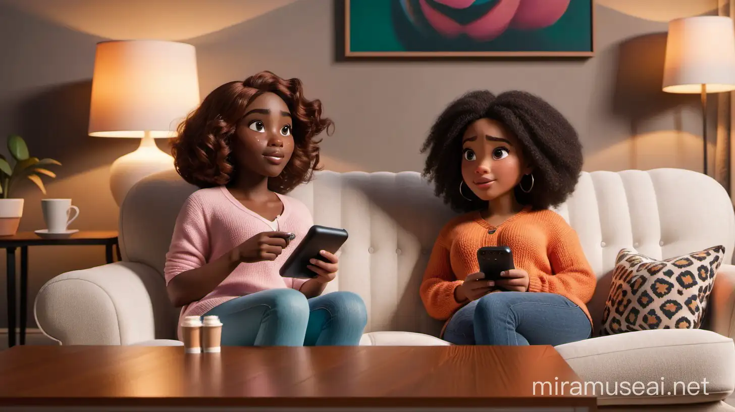 In a cozy living room adorned with warm hues and soft furnishings, two African-American women sit on a plush couch. One woman, seated with a TV remote in hand, gazes intently at the television, who is rifling through her friend's purse on the coffee table beside her.

The friend's expression betrays a mixture of guilt and apprehension, while the other woman's features reflect a dawning realization. A sense of betrayal hangs heavy in the air, juxtaposed with the familiarity of their shared space. and they both have a silent exchange of looks at each other.
Illumination, Disney-Pixar style illustration, 3-D animation, 4K