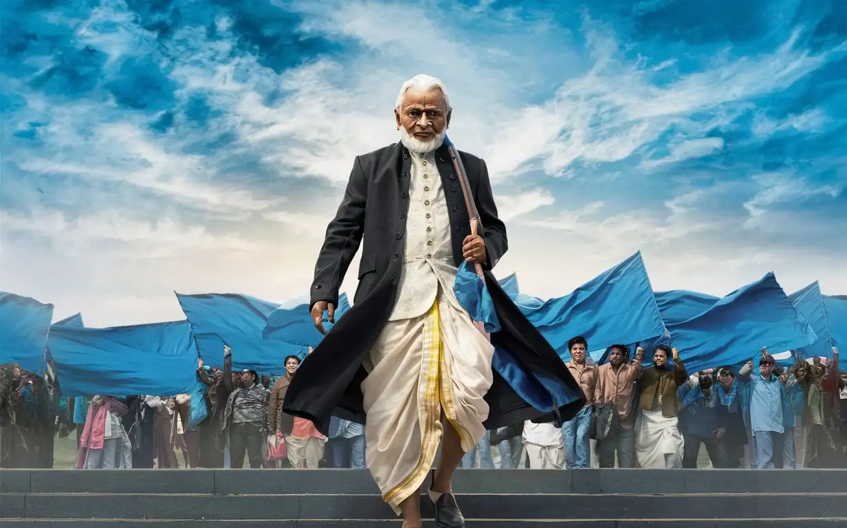 Dr.Babasaheb Bhimrao Ambedkar walking steps dhoti black coat suite shirt with people holding blue flag background sky