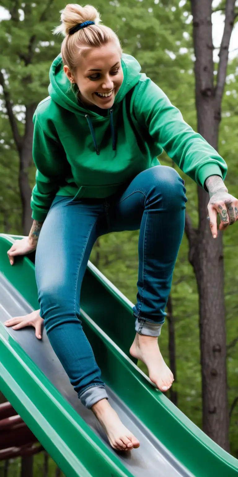 Blonde Woman Climbing Barefoot on Slide in Blue Jeans and Green Hoodie ...