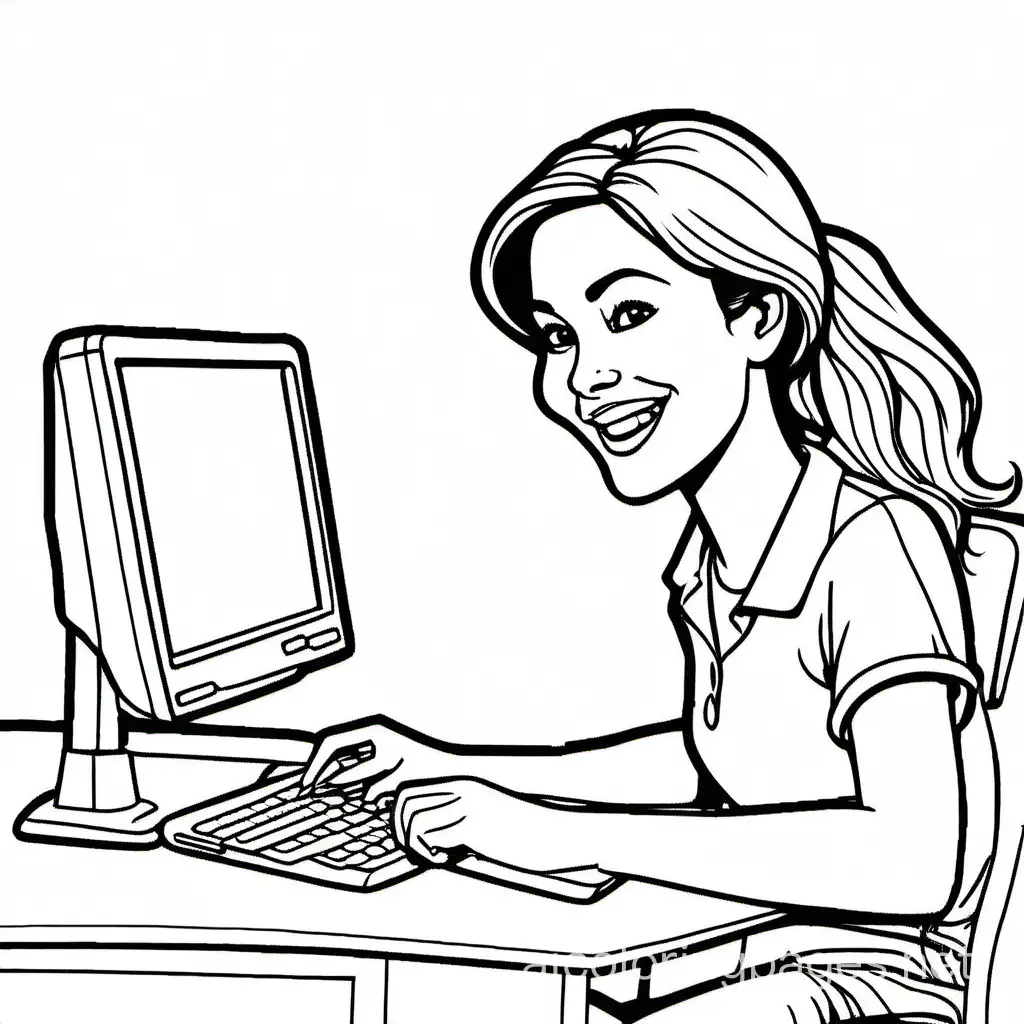 Woman working on a computer smiling and happy, Coloring Page, black and white, line art, white background, Simplicity, Ample White Space. The background of the coloring page is plain white to make it easy for young children to color within the lines. The outlines of all the subjects are easy to distinguish, making it simple for kids to color without too much difficulty