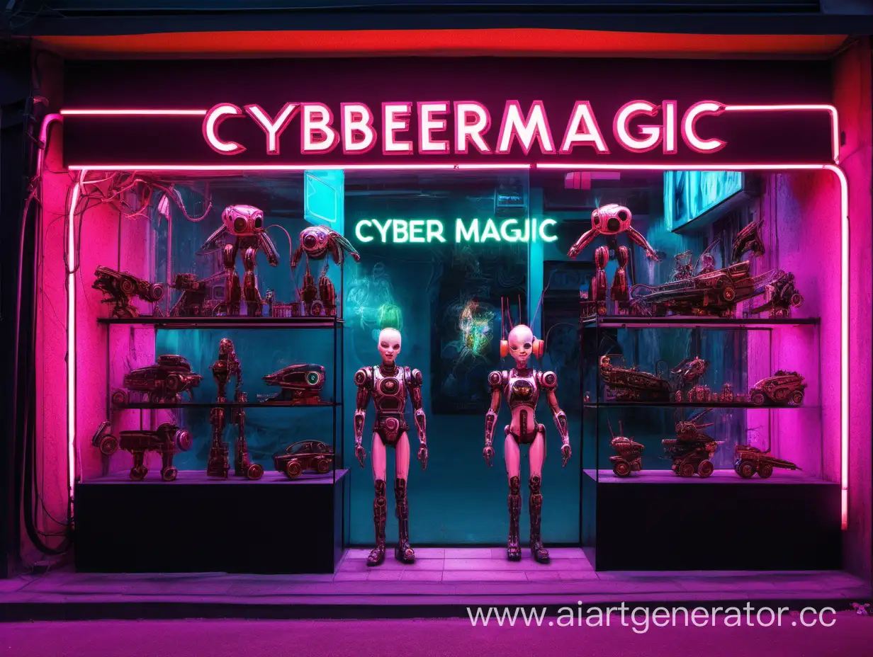 витрины с механическими игрушками для детей, стиль киберпанка, неон, название "CyberMagic"