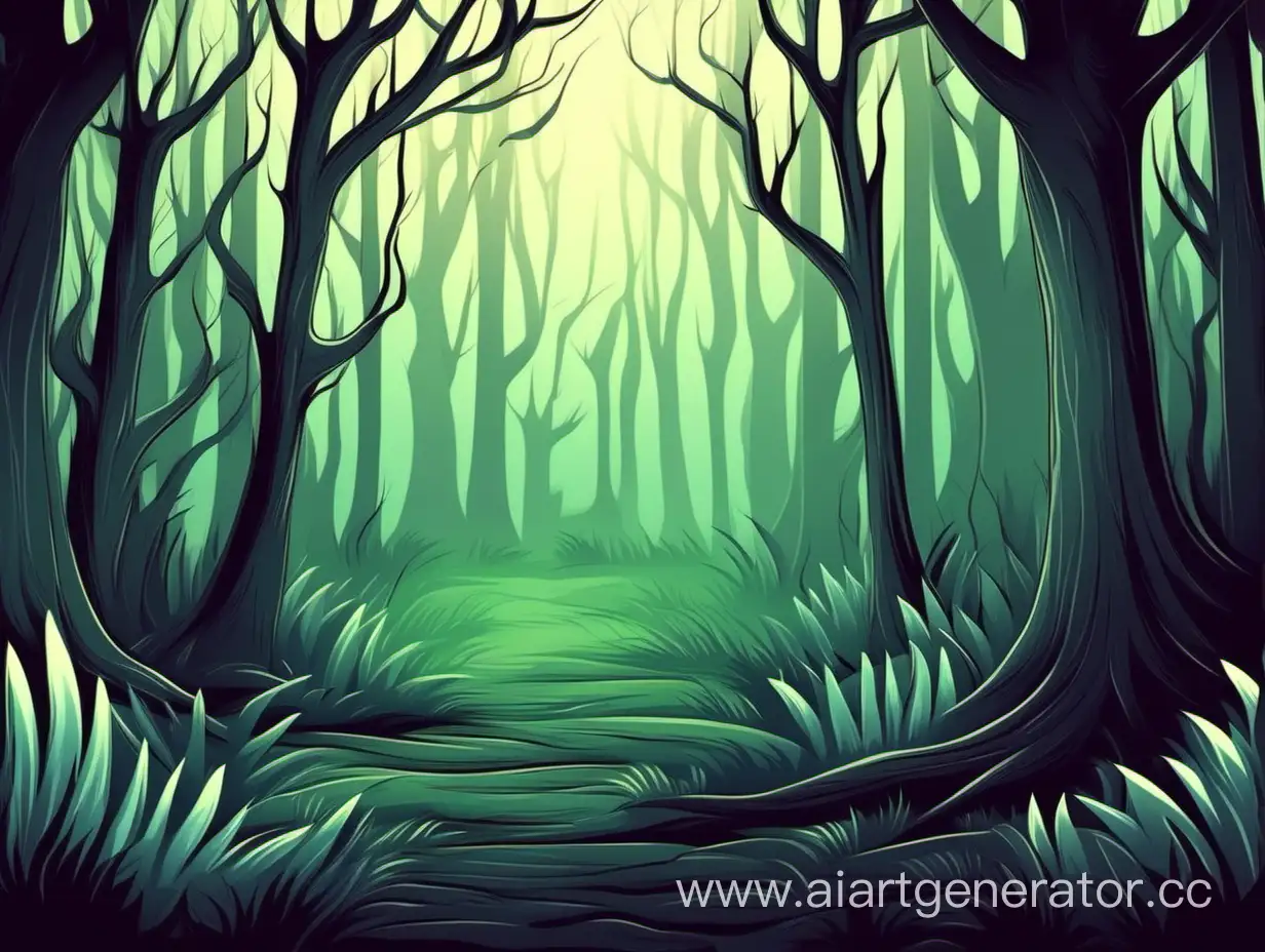 Dark forest background for a cartoon in pastel colors