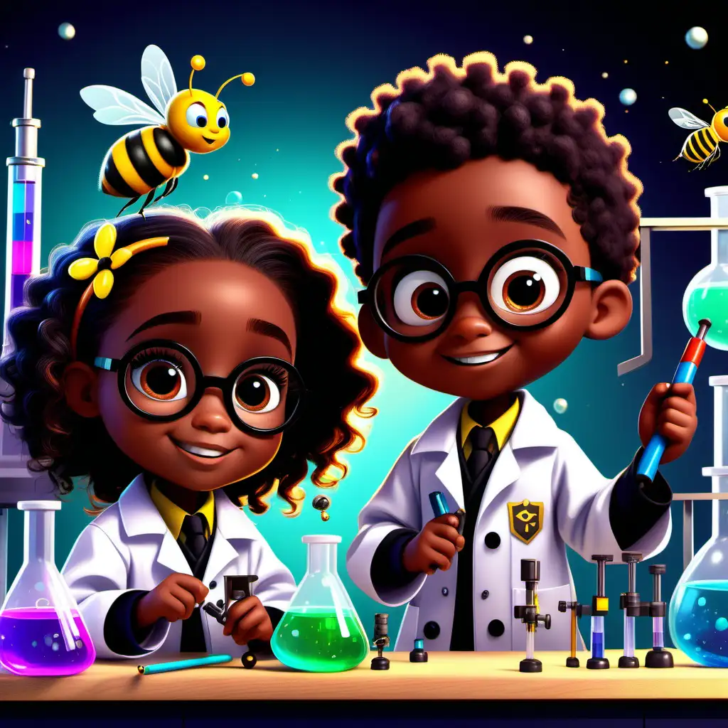 Adorable Black Kids in PixarStyle Science Lab with Vibrant Colors and Bee Mascot