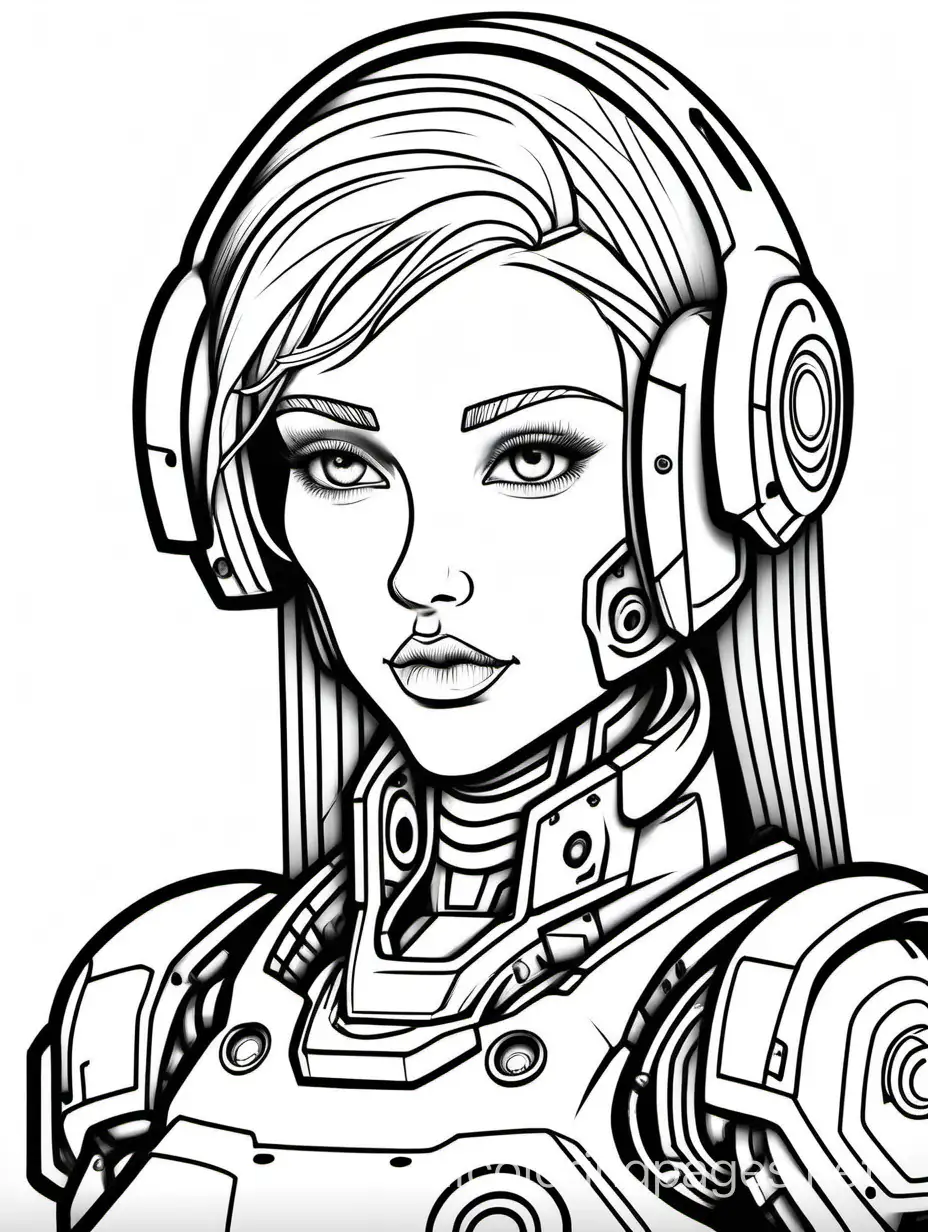 adult coloring page of girl robot, Coloring Page, black and white, line art, white background, Simplicity, Ample White Space. The background of the coloring page is plain white to make it easy for young children to color within the lines. The outlines of all the subjects are easy to distinguish, making it simple for kids to color without too much difficulty
