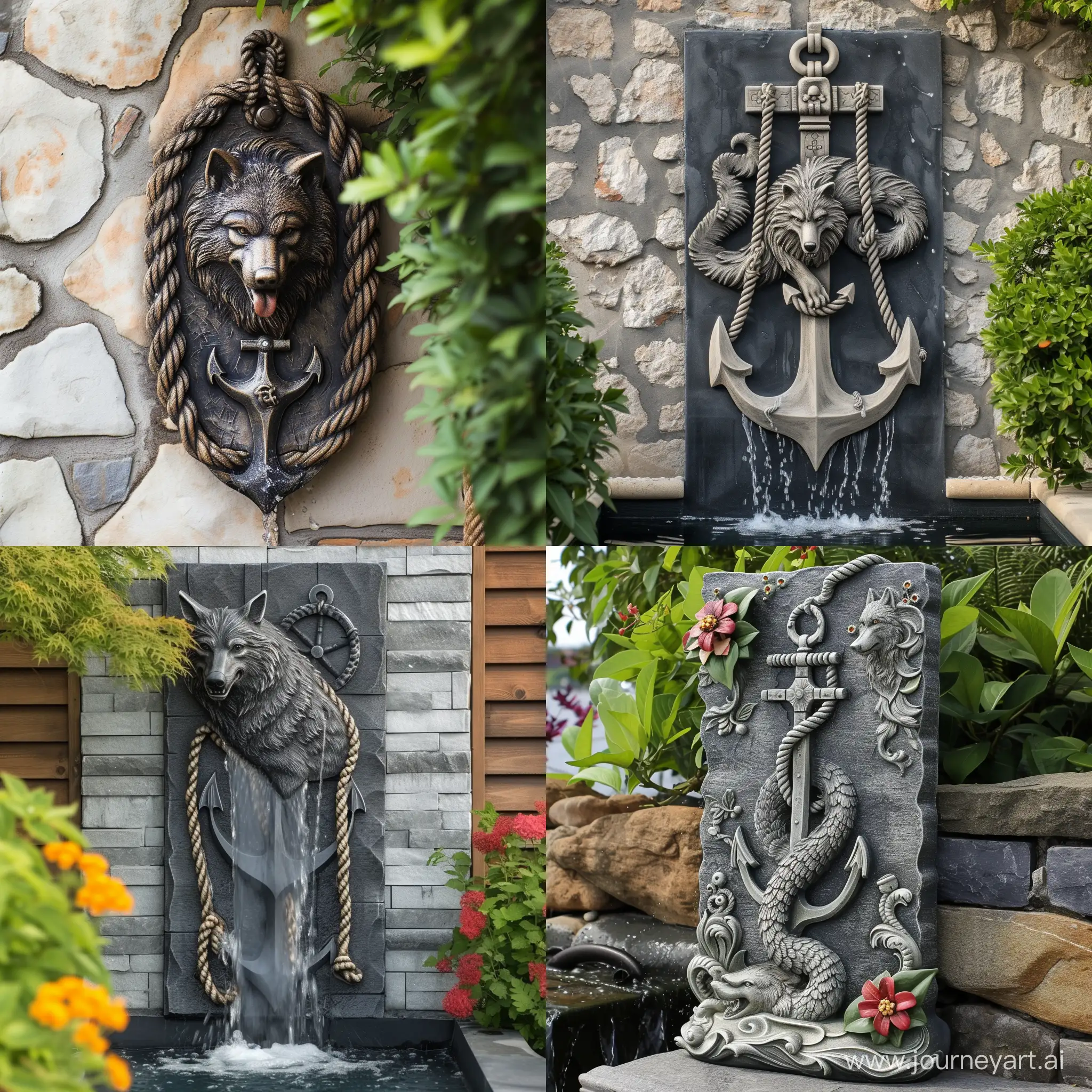 Variety-of-Rococo-Style-Wall-Fountains-Featuring-Wolves-Anchors-and-Ropes