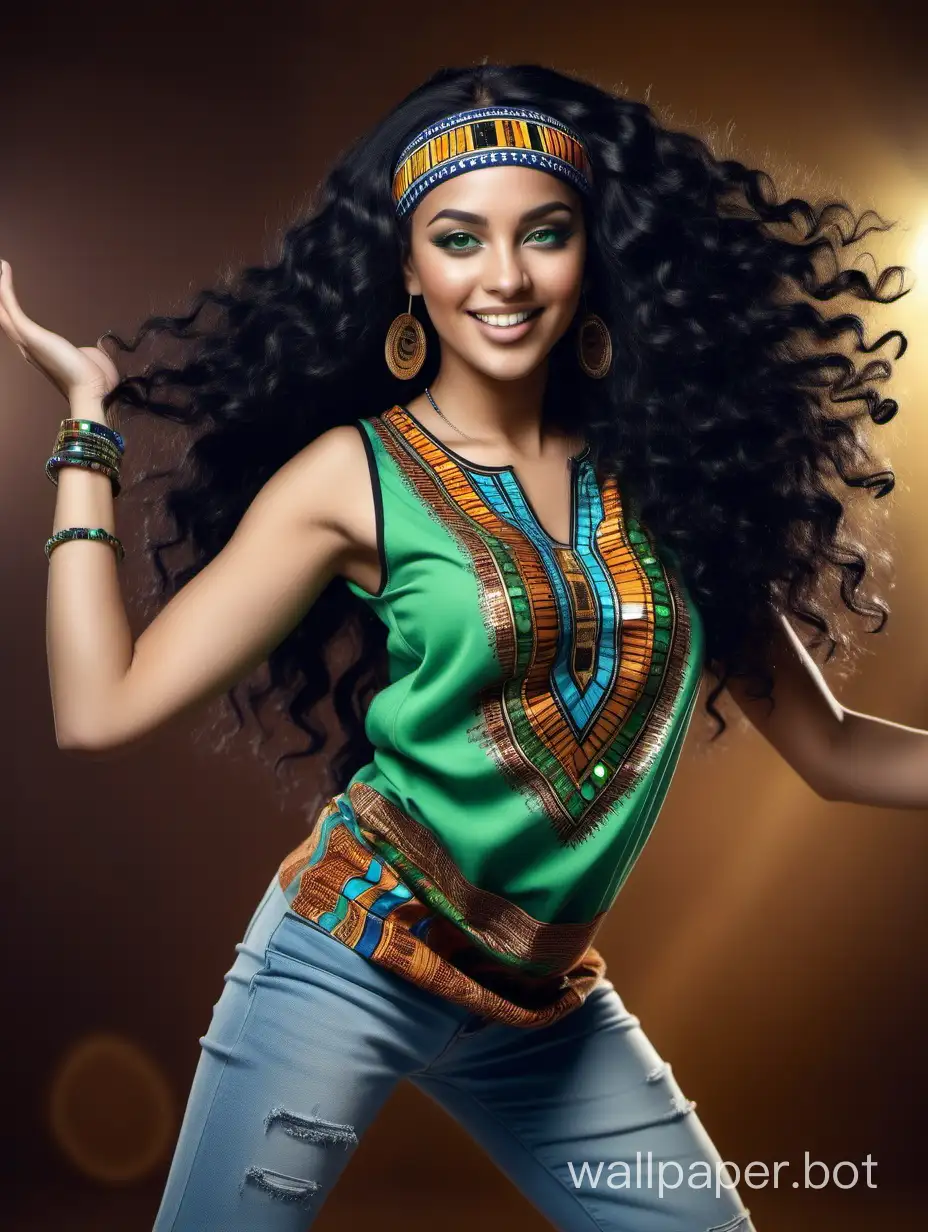 beautiful Latina woman, long black hair in stylish curls, sparkling green eyes, a headband with inlaid green precious stones on the forehead, dressed in an African tunic, blue jeans, Nike sneakers, African bracelets on her hands, dancing on the dance floor...