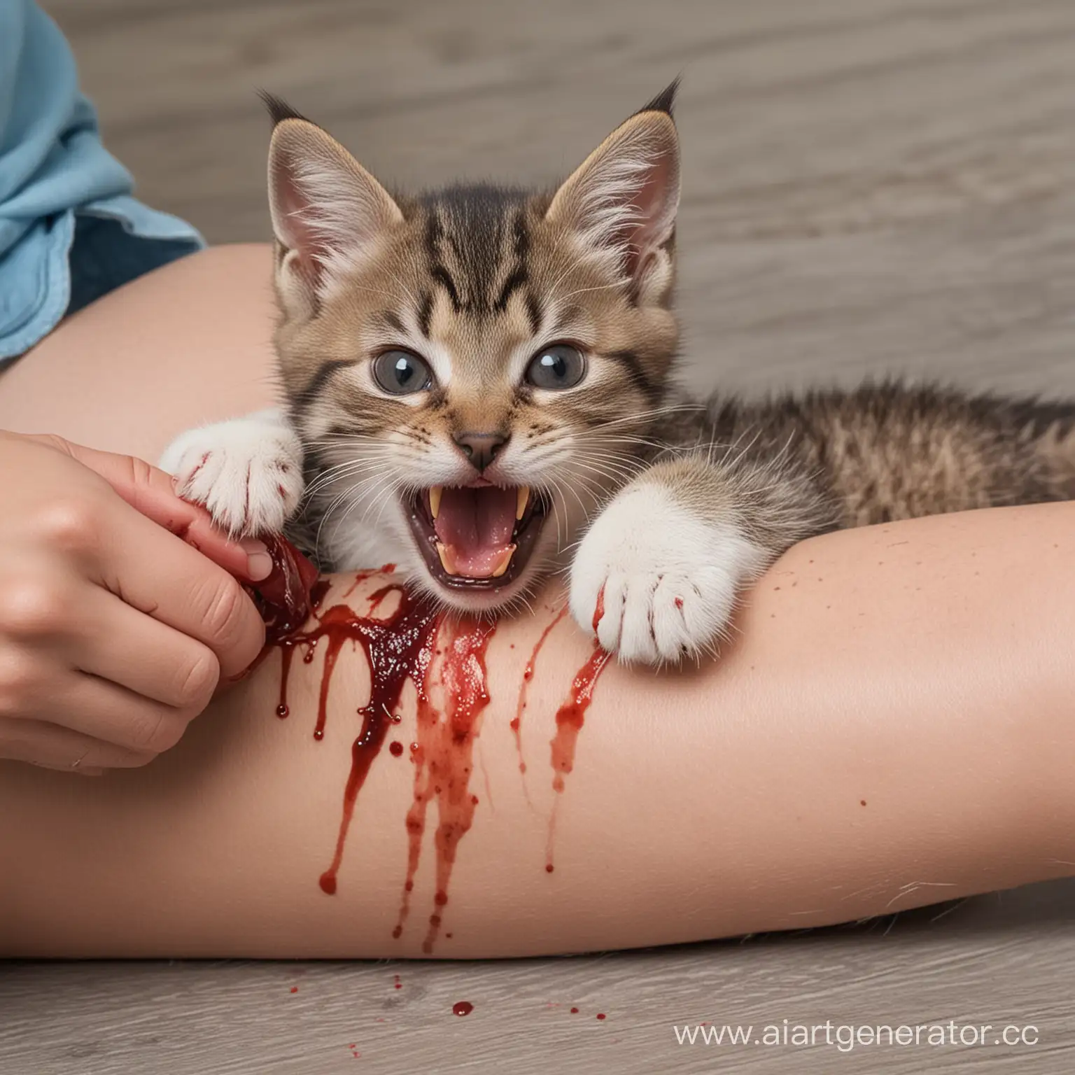 Playful-Kitten-Biting-Owners-Leg-with-Blood