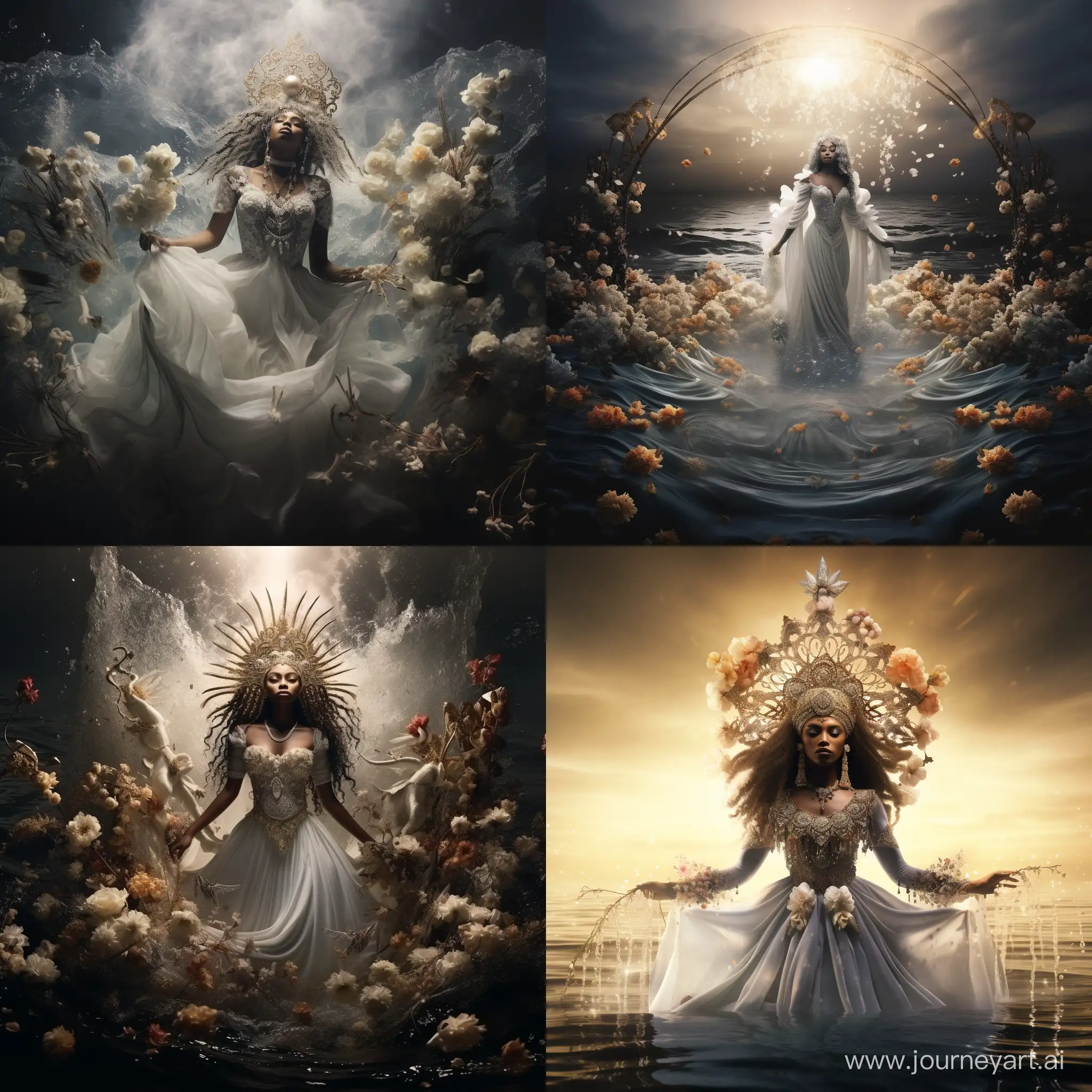 a dark-skinned magically beautiful woman entering the boiling sea, in a snow-white wedding dress, a dress floating in the water, a lot of jewelry accessories, earrings, a necklace. large headdress with a flower, fog, wide angle shot, center shot
