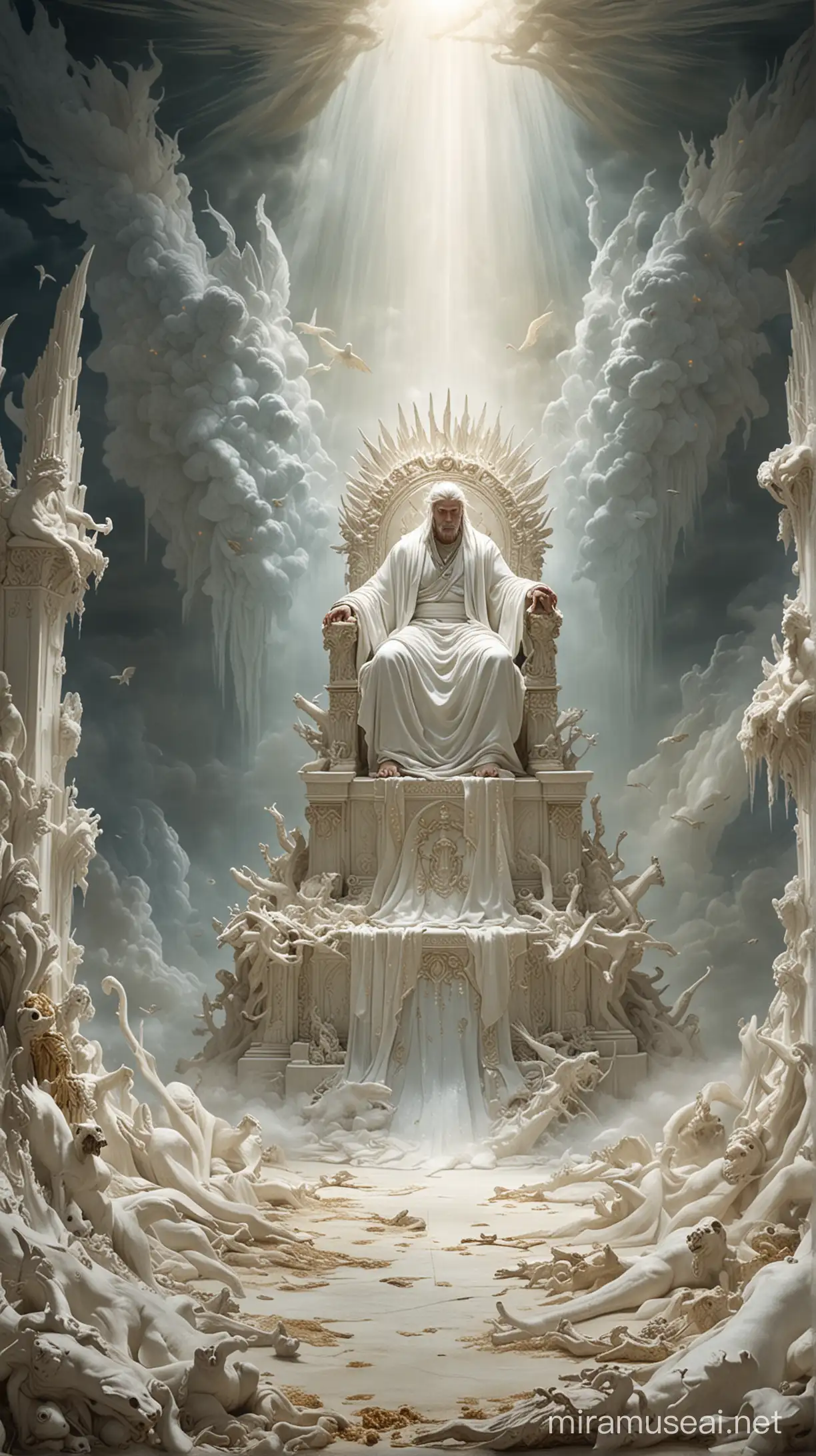 Create a scene depicting a great white throne with a man figure seated upon it, radiating an aura of divine authority, while the earth and heaven flee away in fear. 