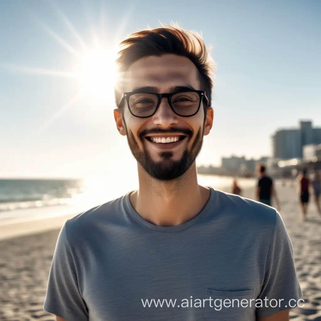 Smiling-Young-Man-with-BlackFramed-Glasses-on-Beach