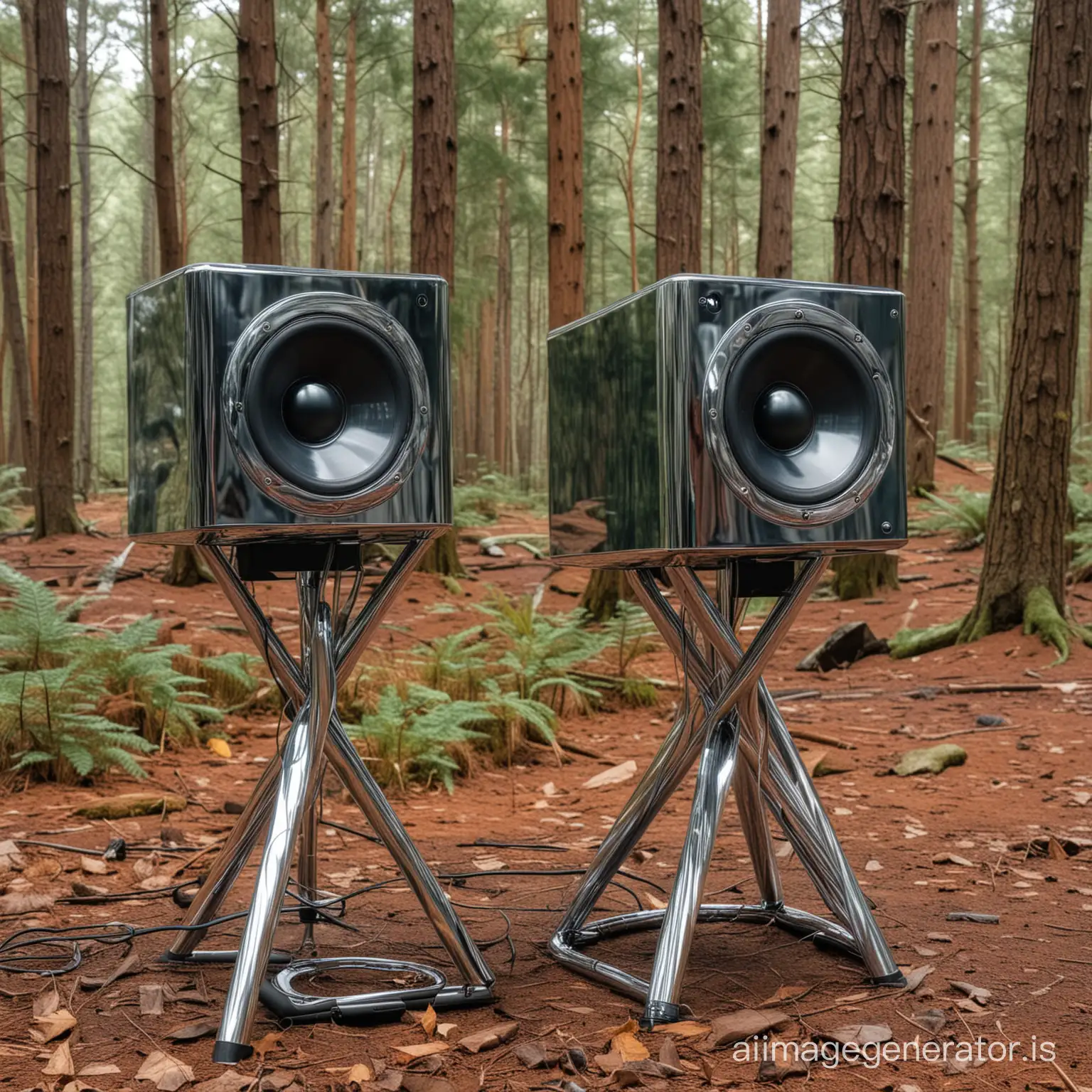 Chrome speakers in forrest


