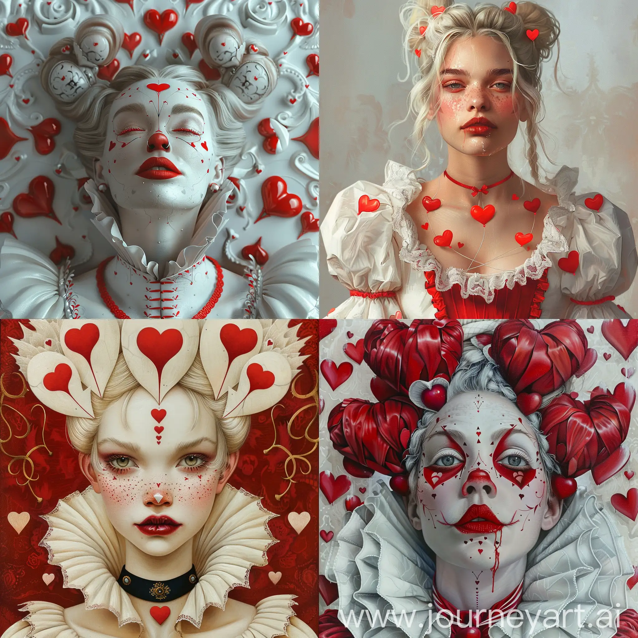 flat queen of hearts on social media twitter facebook, in the style of darkly romantic realism, meticulously detailed, slovenian paintings, white and crimson, realistic hyper-detail, dutch and flemish, ultra detailed, in flat style