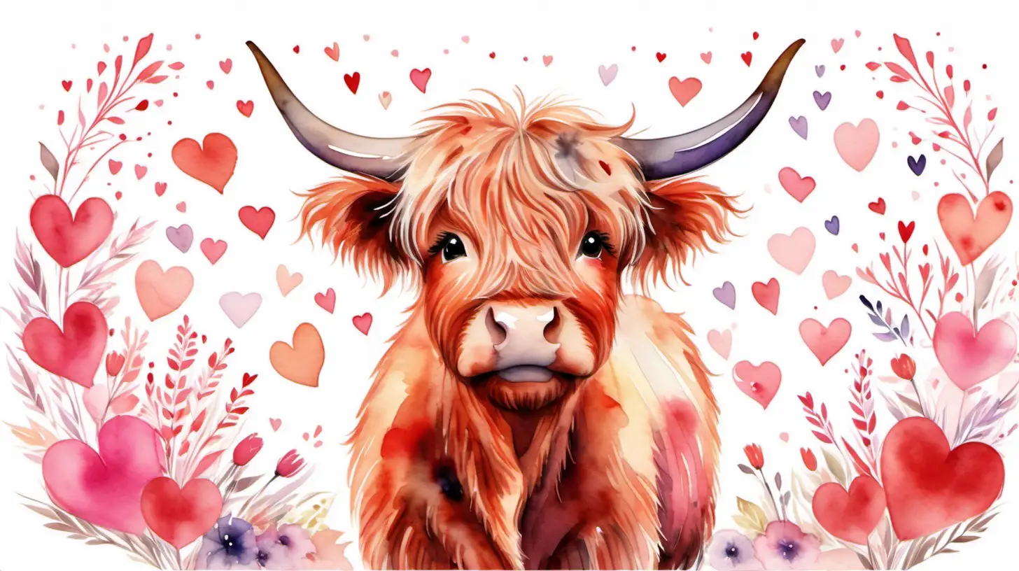 Generate an endearing watercolor-stylized image of a highland cow with a Valentine's Day theme. Incorporate romantic elements such as heart-shaped patterns on the cow's fur, a soft color palette of pinks and reds, and perhaps a field of blooming flowers in the background. Convey the warmth and affection associated with Valentine's Day while maintaining the distinct charm of the highland cow in a delightful and visually appealing composition.