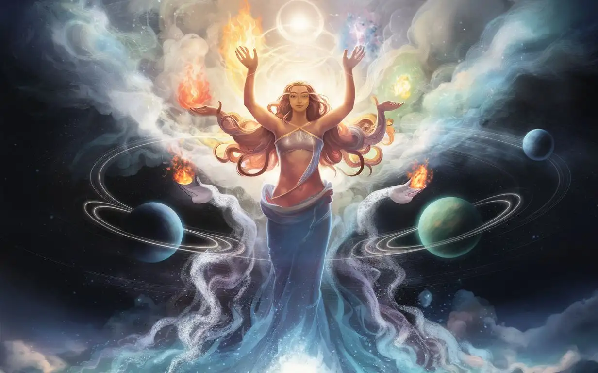 богиня, сотворение мира, космос, огонь, вода, земля, воздух, планеты