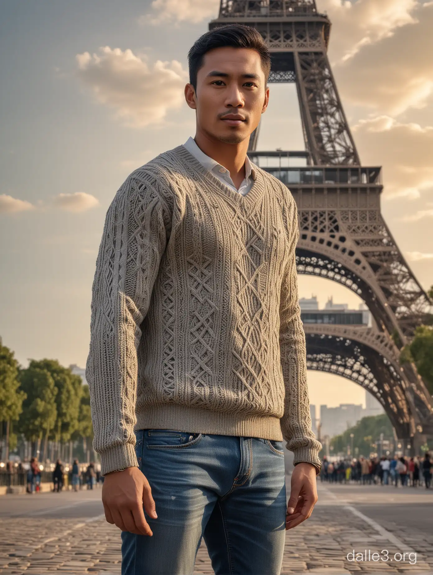 Masterpiece, upper, very detailed, real photo indonesian handsome man wearing a sweater and jeans, standing facing the camera under the Eiffel Tower at morning, 32K ultraHD resolution, HDR, 800mm lens, realistic , hyperrealistic, photography, professional photography, deep photography, ultra HD, very high quality, best quality, mid quality, HDR photo, focus photo, deep focus, very detailed, original photo, original photo, ultra sharp, nature photo, masterpiece, award winning, shot with hasselblad x2d