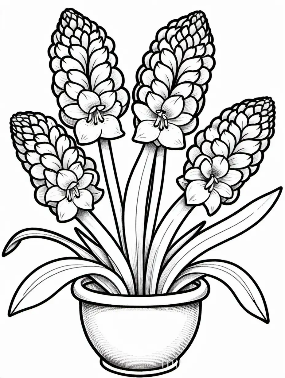 Haz una imagen para colorear de unos jacintos. Que la imagen sea: elaborada y a la vez sencilla, muy fina y delicada, sin sombras, con un fondo blanco, que la imagen tenga muchos detalles para colorear y con líneas finas. Imagen para colorear. 