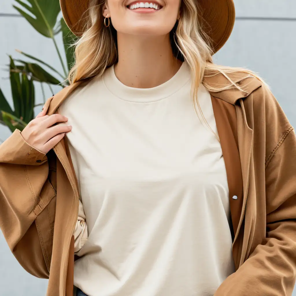realistic blonde woman wearing comfort colors  oversized  ivory t-shirt mockup and brown jacket, clear stiches