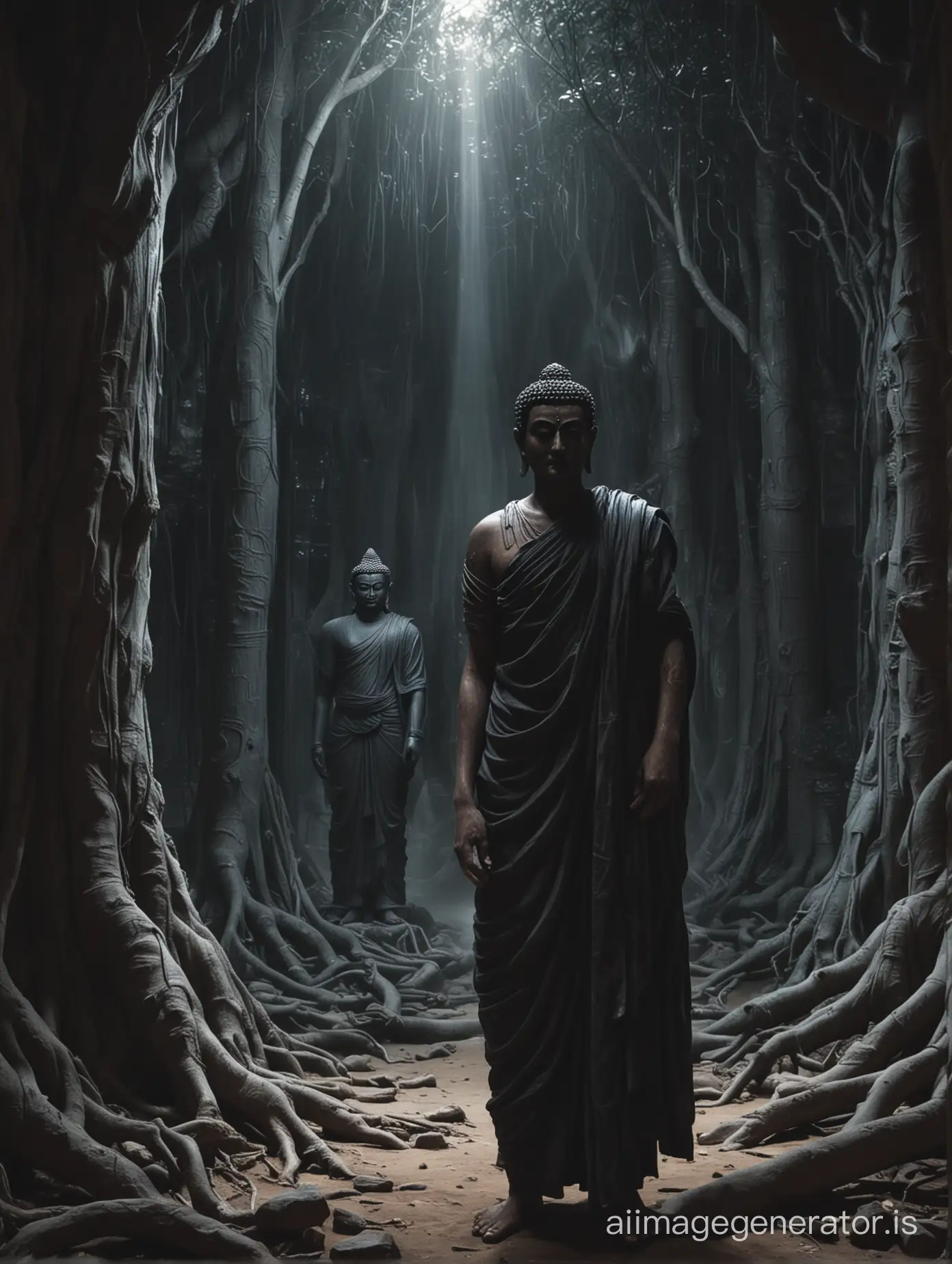 Mara, a shadowy figure lurking in the background, casting sinister glances towards Siddhartha.