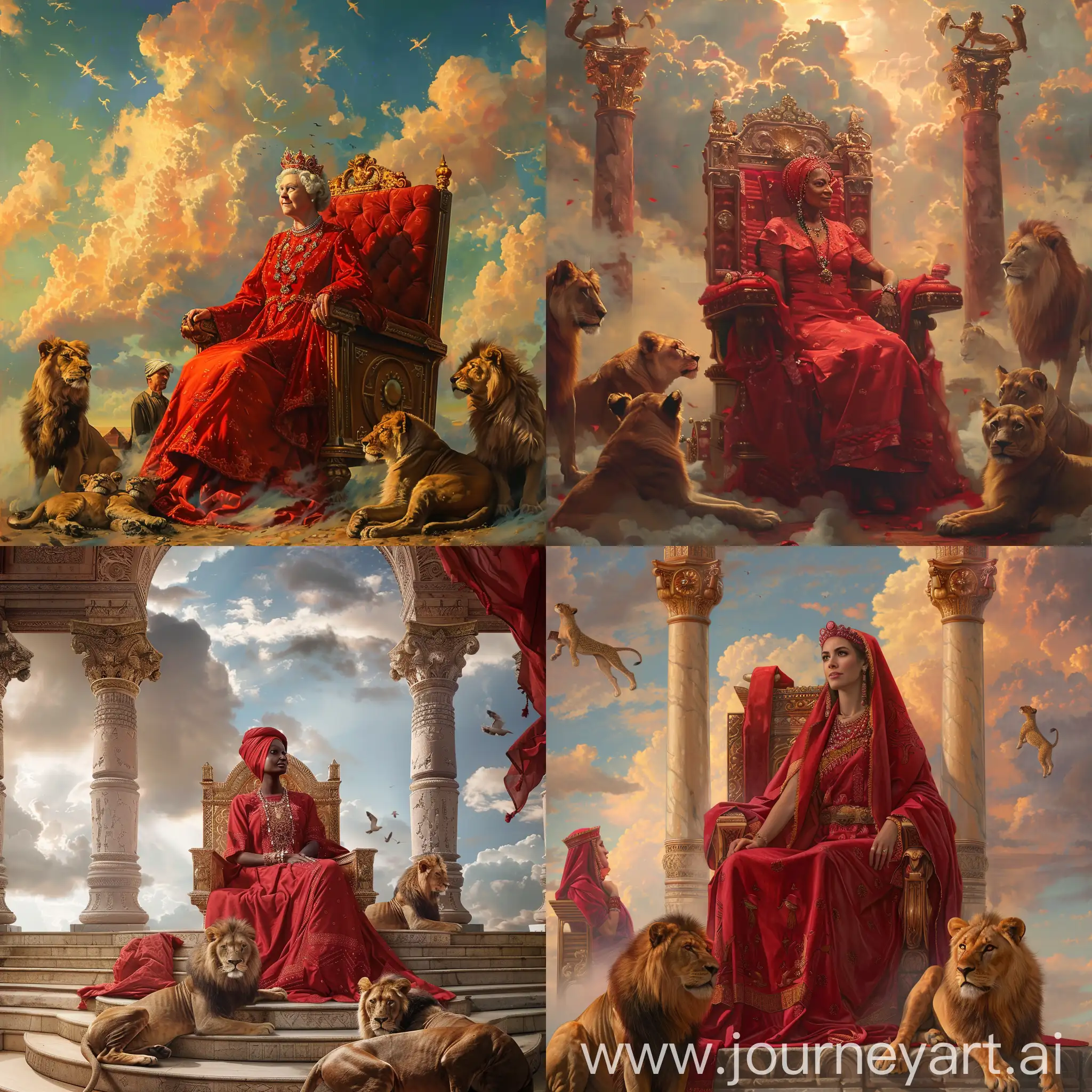 /IMAGINE ,OPEN KINGDOM IN SKY, QUEEN IN RED TRADITIONAL ATTIRE,SITTING ON THRONE ,LIONS BESIDES,MINISTER SITTING,