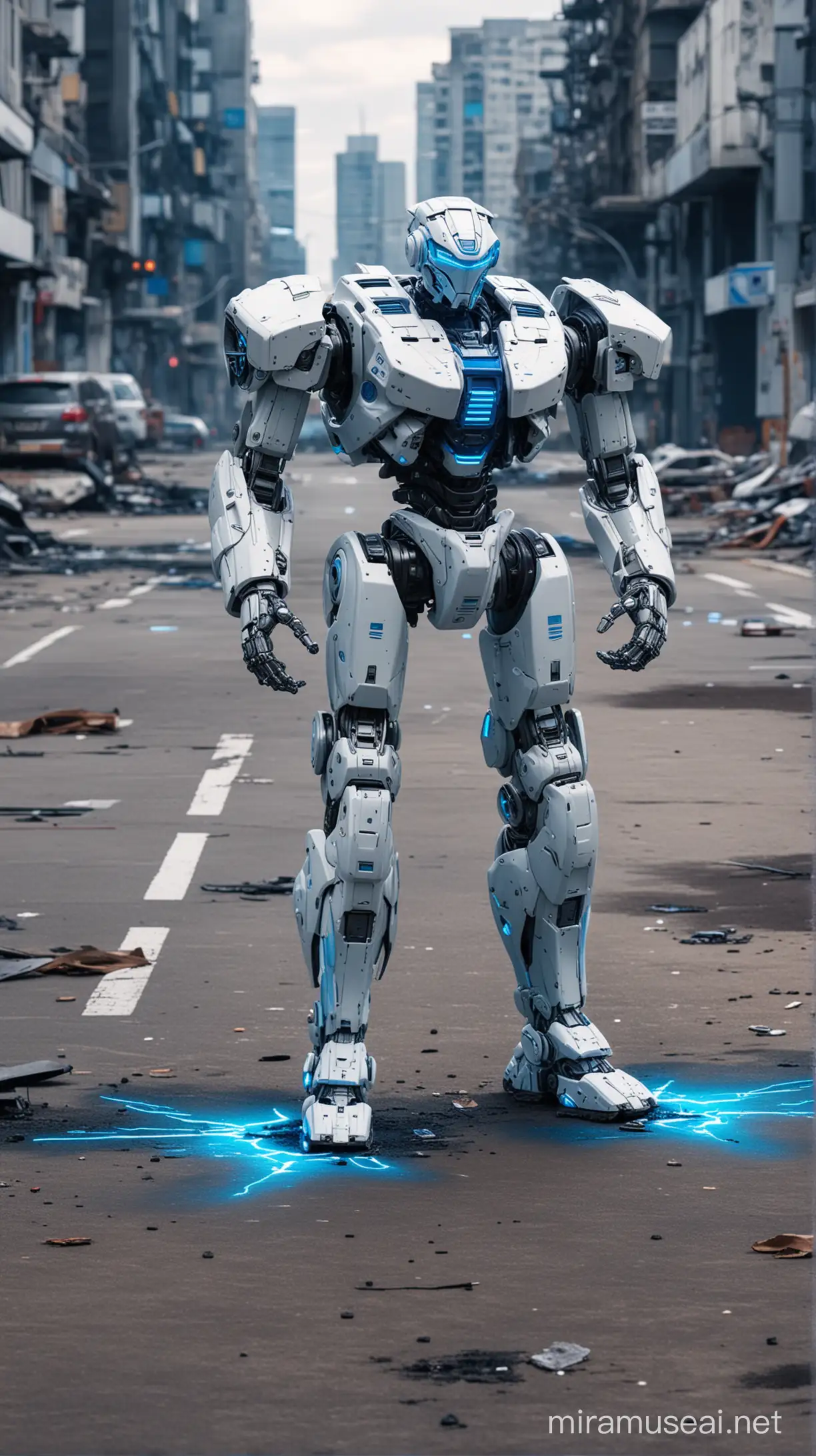 futuristic mecha robot in a destroyed parking , with blue neon light,, a white line painted in the ground,futuristic car behind him


