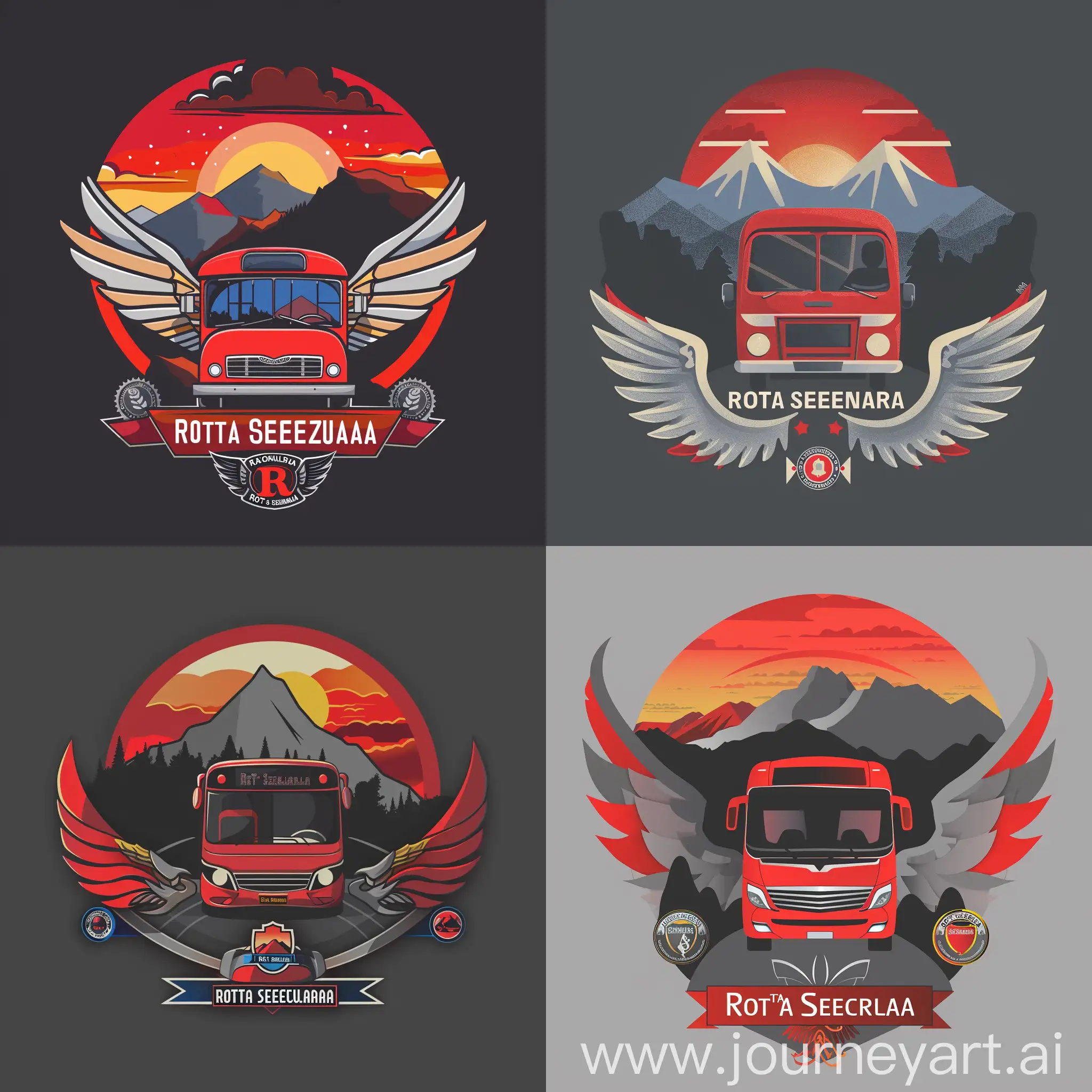 a logo, beautiful red bus, going forward, with mountains and sunset behind, "Rota Segura" text below, use badges, wings, red and gray as main colours