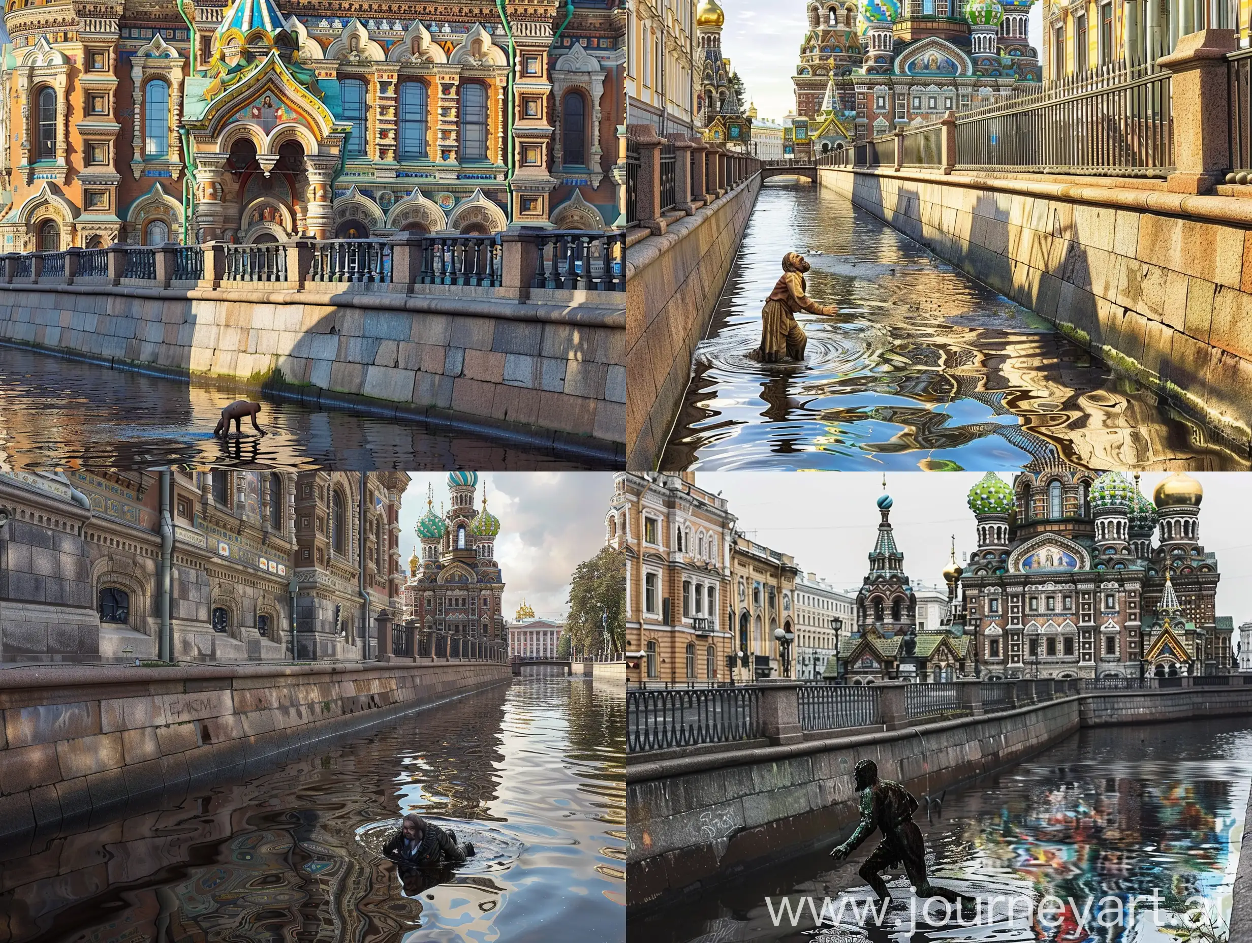 the nearly drowned figure of Rasputin crawling up from the canal near the Russian Church of the Savior on Spilled Blood in Saint Petersburg, with its gleaming mosaics & marble line this richly decorated 1880s church topped with colorful onion domes