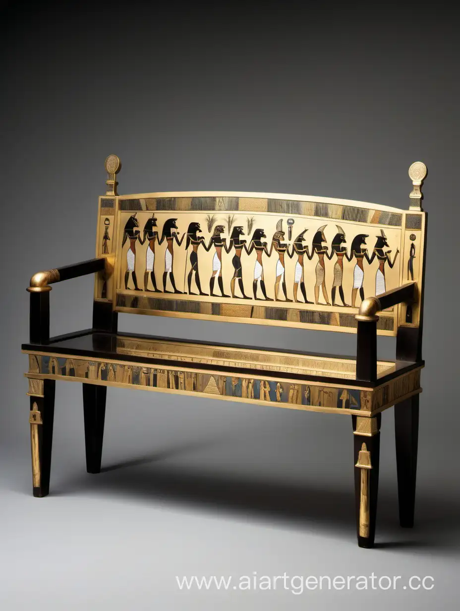 Скамья со спинкой, повернутая боком в 3/4, выполненная в египетском стиле с применением золота и различными рисунками , отражающие египетское искусство