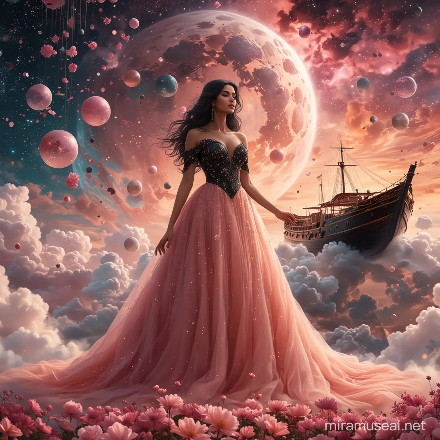 Elegant Woman Collecting Balls on Cloud with Floral Boat and Nebula Sky