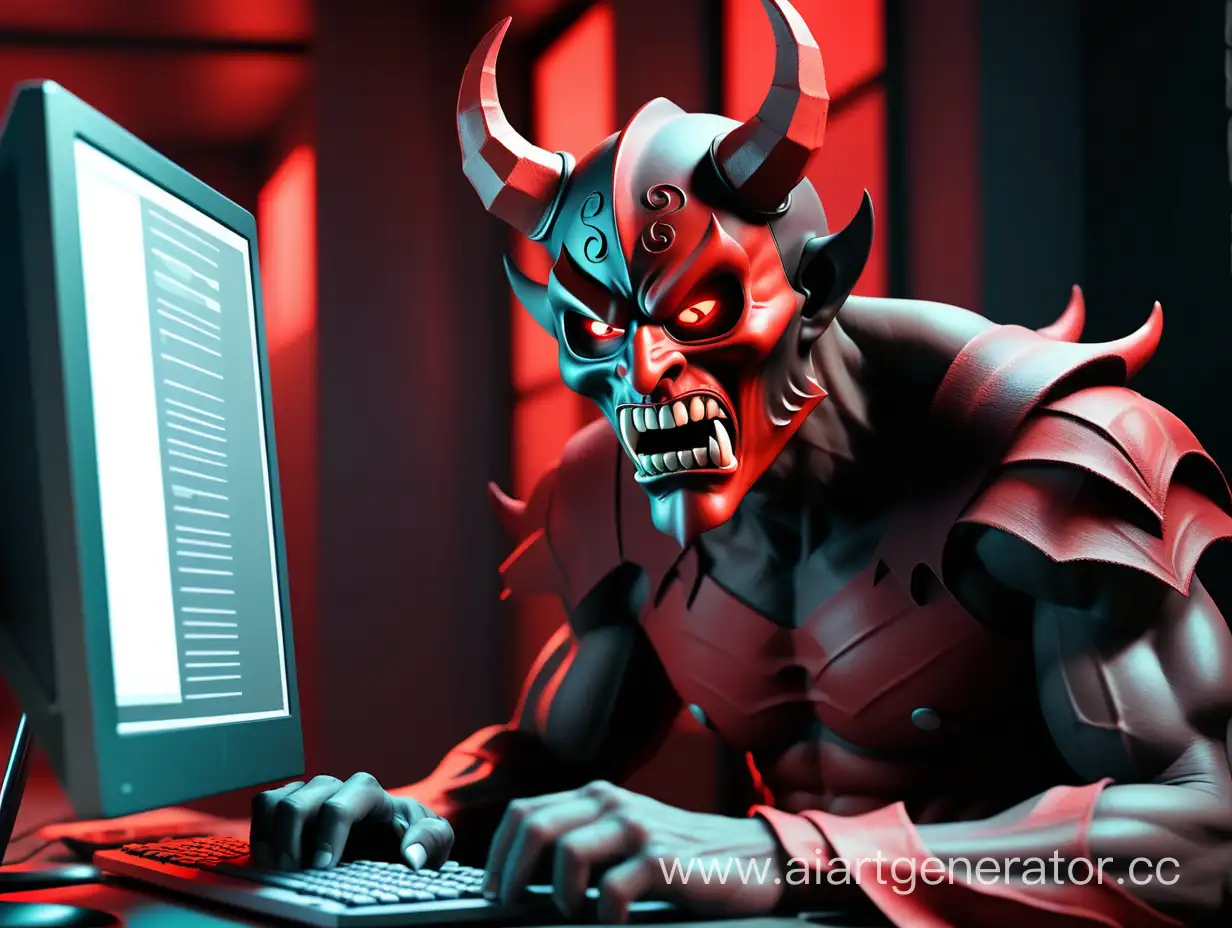 Парень в маске демона сидит за компьютером и ищет что то на врага в красно черных тонах