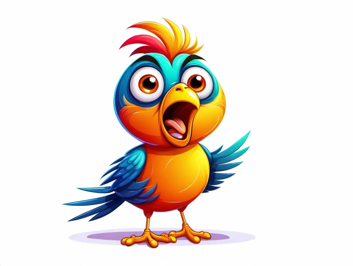 Funny bird, cartoon style, emotions, happy, frustrated, shocked, annoyed, caricature,clip art, vibrant colours, solid white background 
